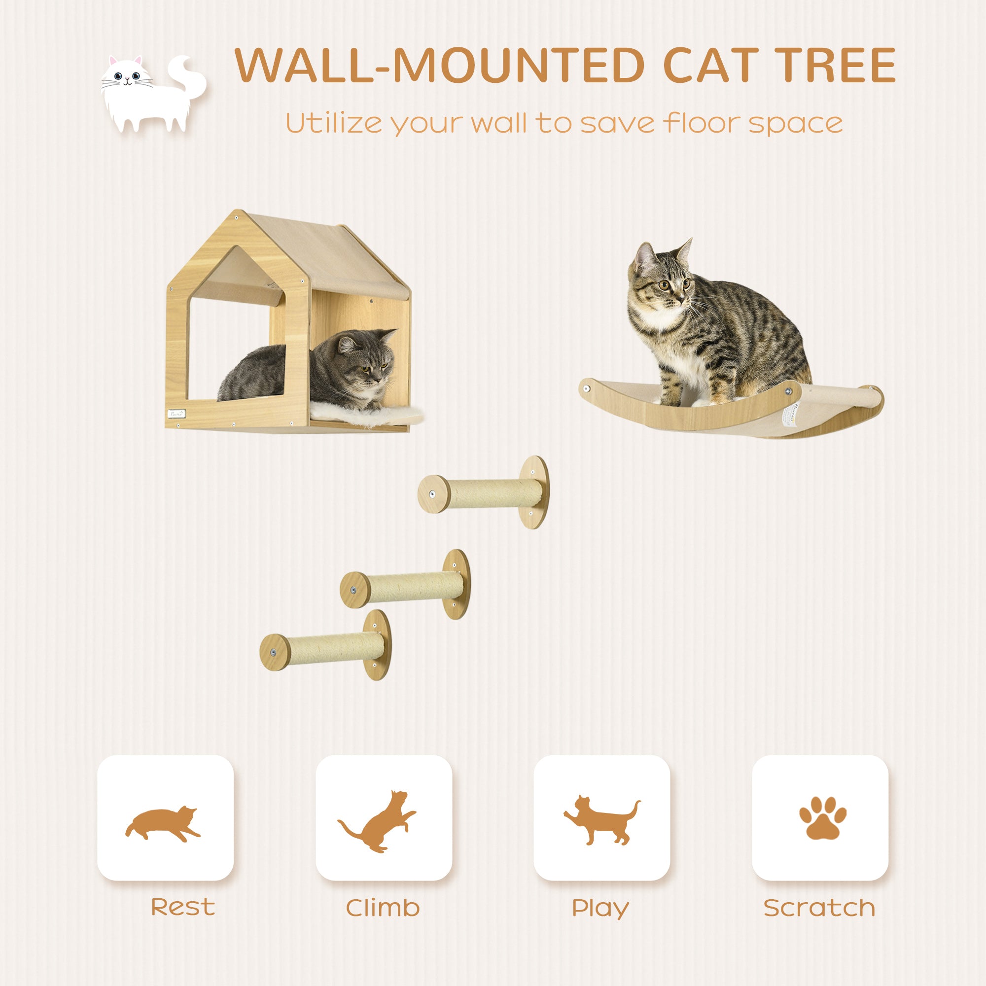 PawHut 5PCs Wall Mounted Cat Tree Cats Shelves, Cat Climbing Shelf Set, Kitten Activity Center with Condo Hammock Scratching Post, Oak