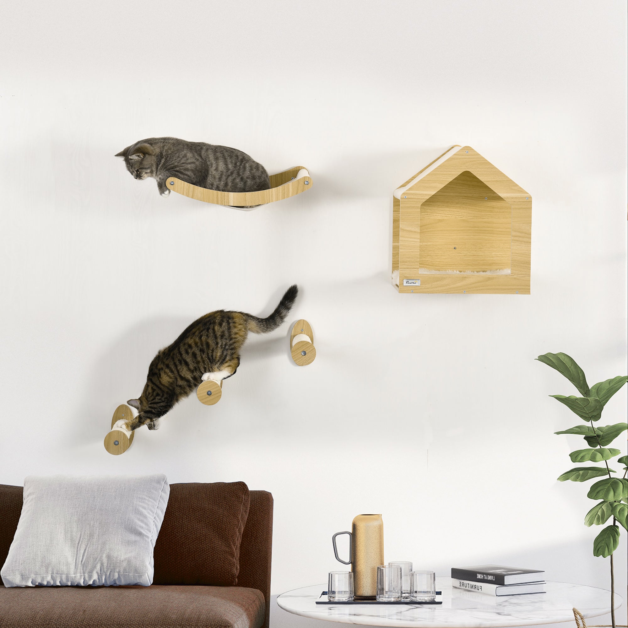 PawHut 5PCs Wall Mounted Cat Tree Cats Shelves, Cat Climbing Shelf Set, Kitten Activity Center with Condo Hammock Scratching Post, Oak