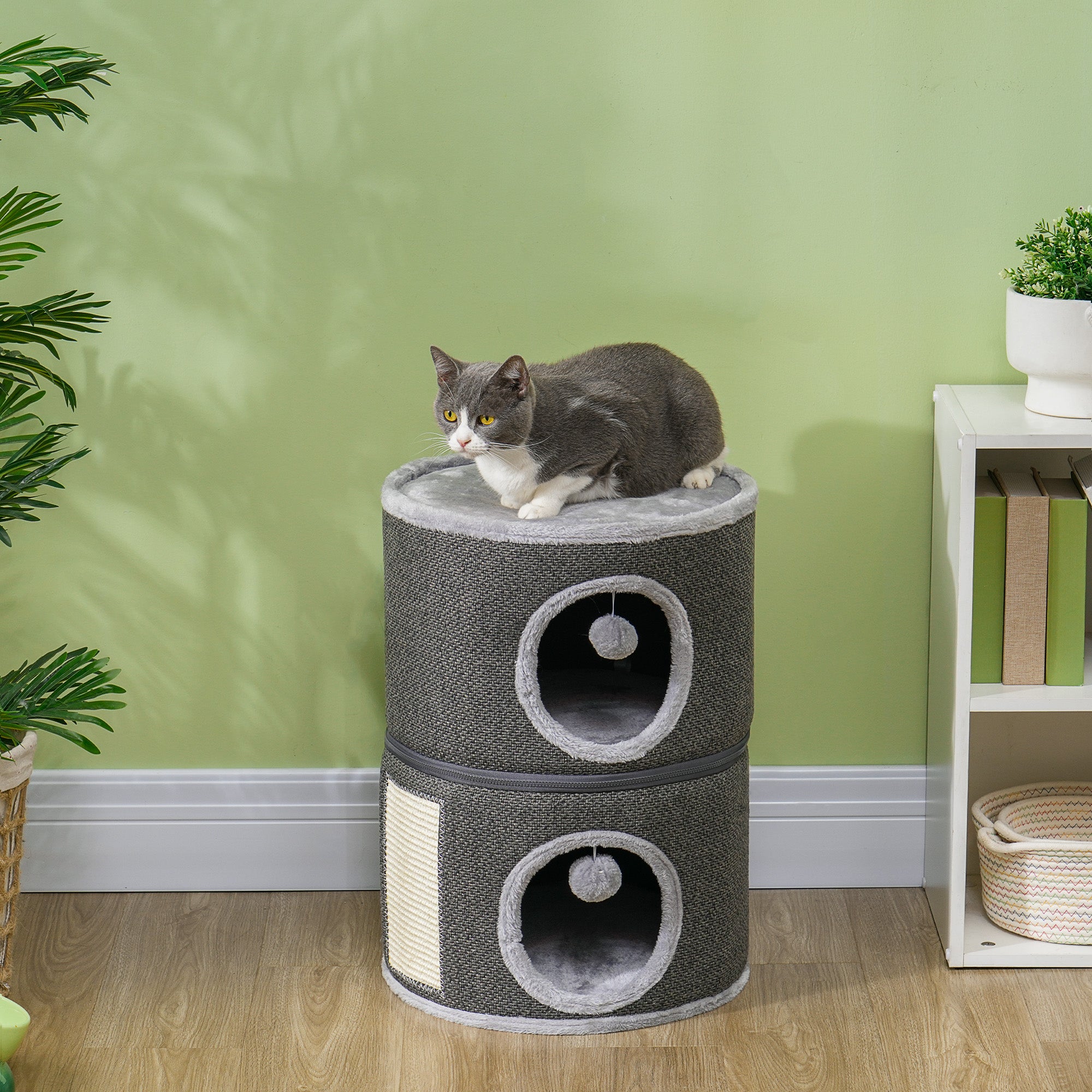 PawHut 2-Story Cat Condo Tower, 22 Inches Cat Tree for Indoor Cats with Top Perch and 2 Hideaways, Sisal Scratching Board, Removable Cushions, Toy Balls, Dark Grey