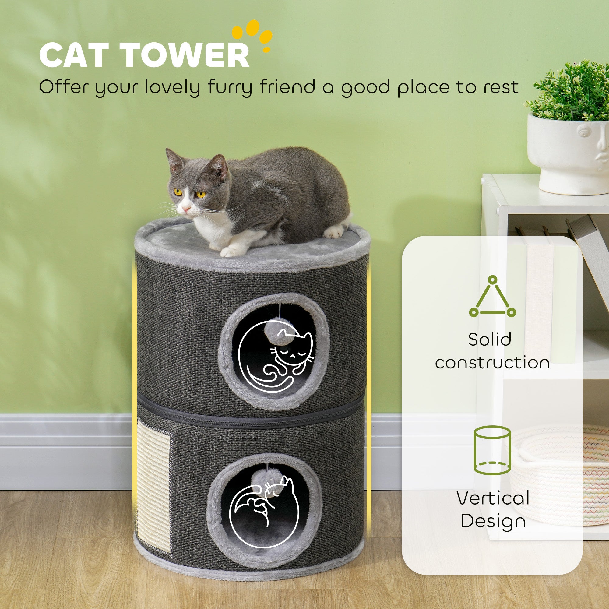 PawHut 2-Story Cat Condo Tower, 22 Inches Cat Tree for Indoor Cats with Top Perch and 2 Hideaways, Sisal Scratching Board, Removable Cushions, Toy Balls, Dark Grey