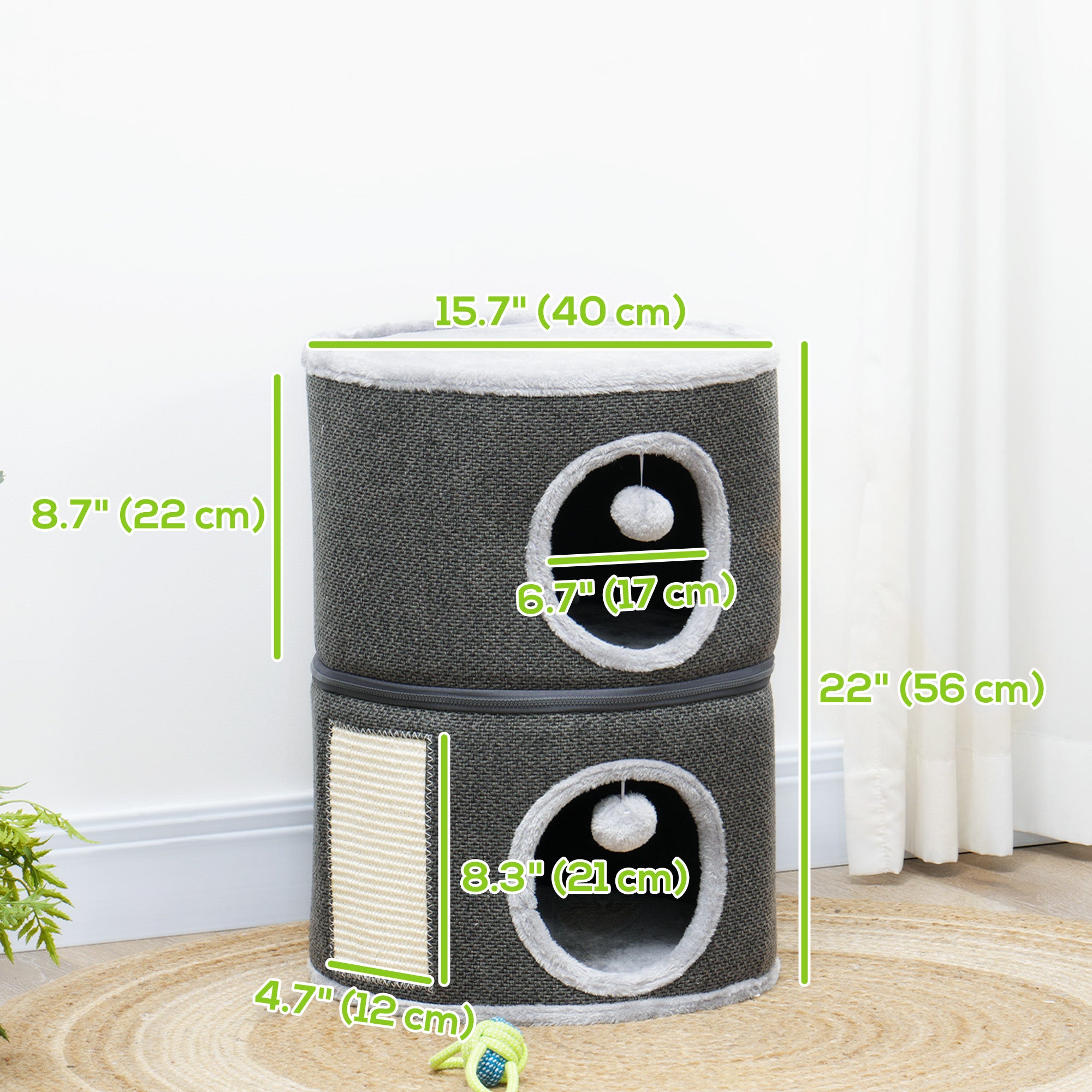 PawHut 2-Story Cat Condo Tower, 22 Inches Cat Tree for Indoor Cats with Top Perch and 2 Hideaways, Sisal Scratching Board, Removable Cushions, Toy Balls, Dark Grey