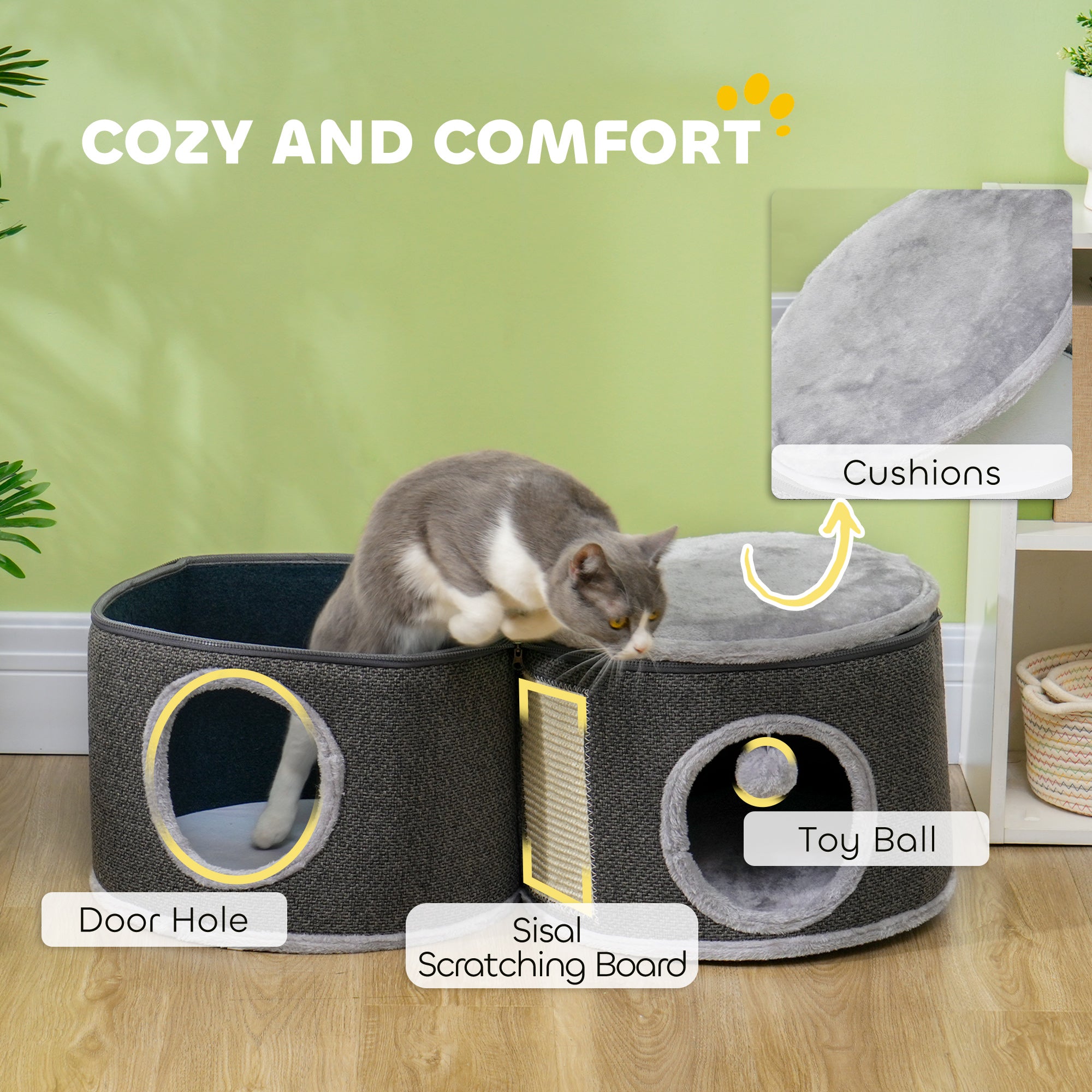 PawHut 2-Story Cat Condo Tower, 22 Inches Cat Tree for Indoor Cats with Top Perch and 2 Hideaways, Sisal Scratching Board, Removable Cushions, Toy Balls, Dark Grey