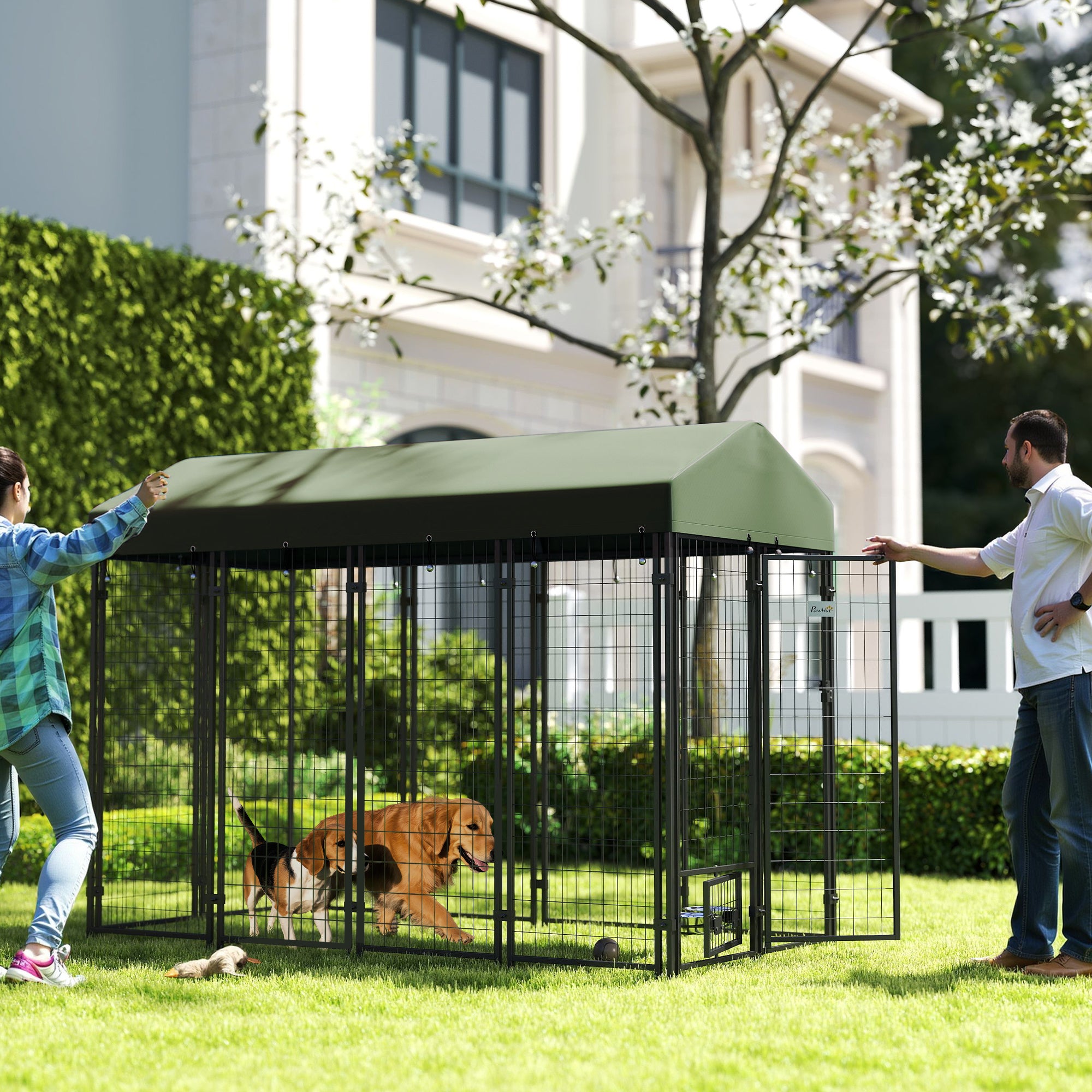 PawHut 8' x 4' x 6' Outdoor Dog Kennel, Welded Wire Heavy Duty Dog Run with 360° Rotating Bowls, Dog Kennel Outside with Waterproof & UV Resistant Cover, for S&M&L Dogs