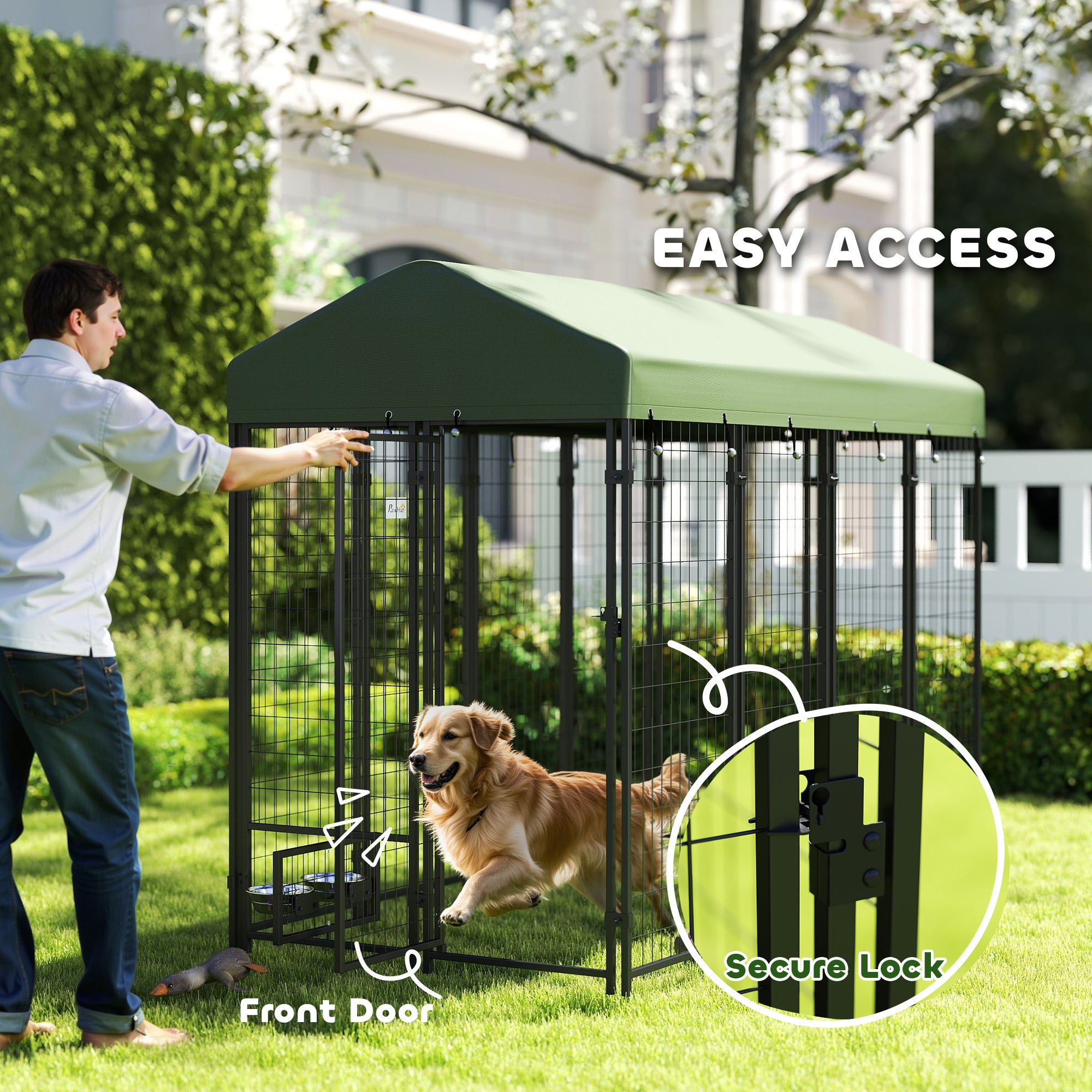 PawHut 8' x 4' x 6' Outdoor Dog Kennel, Welded Wire Heavy Duty Dog Run with 360° Rotating Bowls, Dog Kennel Outside with Waterproof & UV Resistant Cover, for S&M&L Dogs