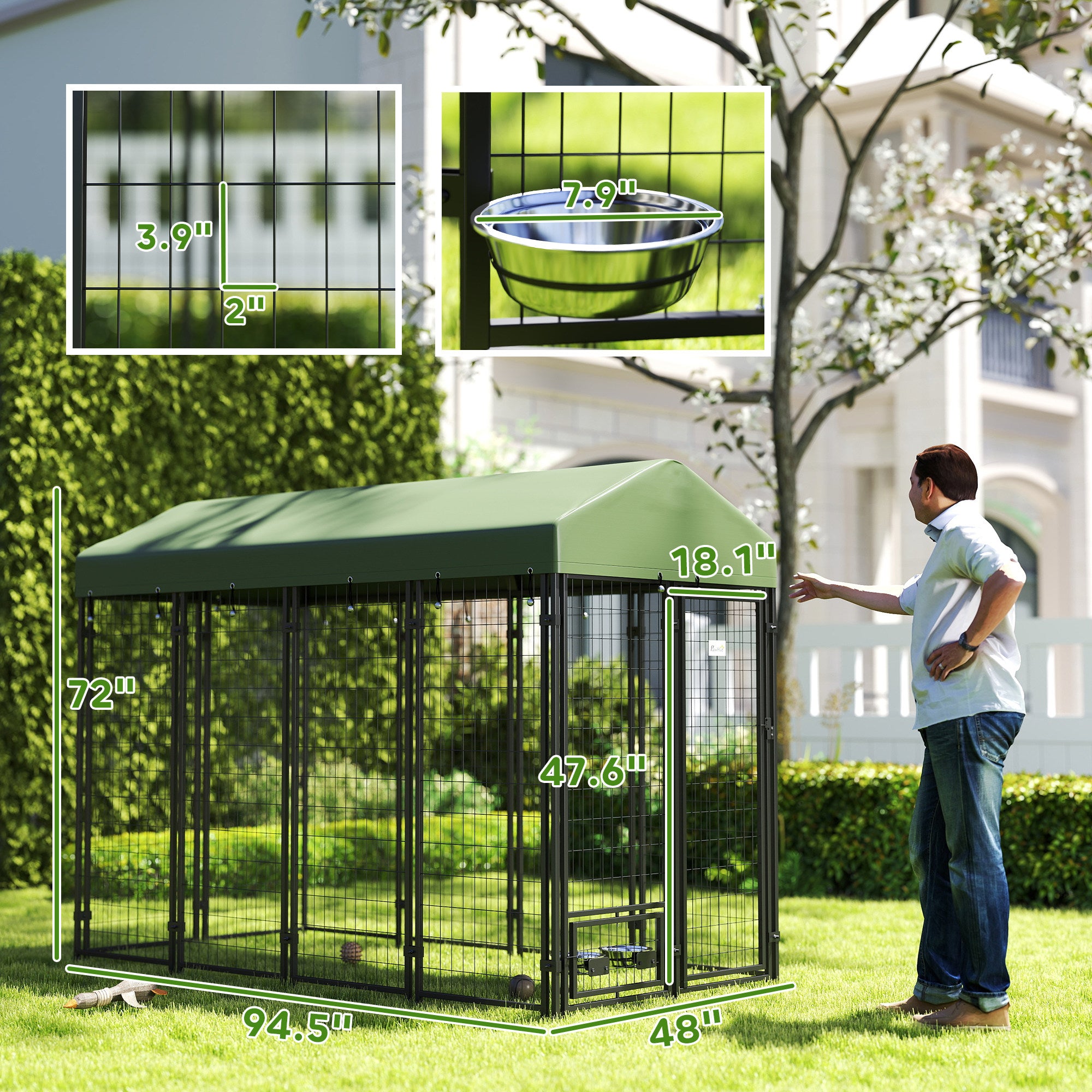 PawHut 8' x 4' x 6' Outdoor Dog Kennel, Welded Wire Heavy Duty Dog Run with 360° Rotating Bowls, Dog Kennel Outside with Waterproof & UV Resistant Cover, for S&M&L Dogs