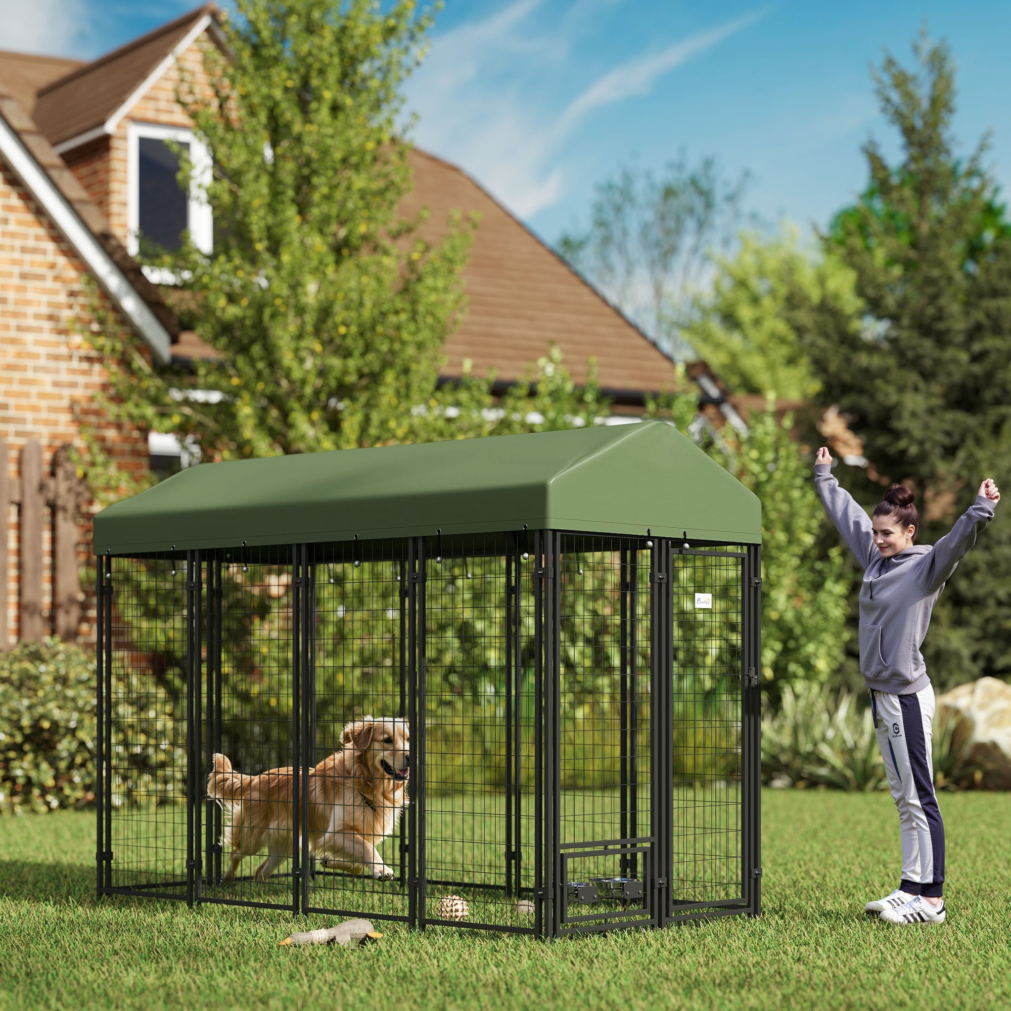 PawHut 8' x 4' x 6' Outdoor Dog Kennel, Welded Wire Heavy Duty Dog Run with 360° Rotating Bowls, Dog Kennel Outside with Waterproof & UV Resistant Cover, for S&M&L Dogs