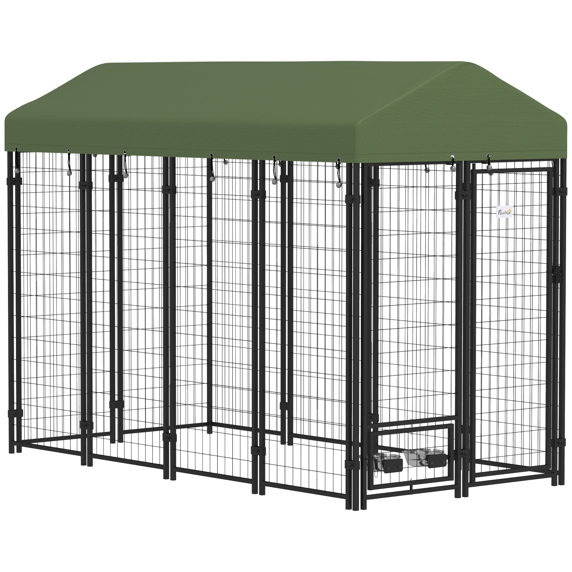 PawHut 8' x 4' x 6' Outdoor Dog Kennel, Welded Wire Heavy Duty Dog Run with 360° Rotating Bowls, Dog Kennel Outside with Waterproof & UV Resistant Cover, for S&M&L Dogs