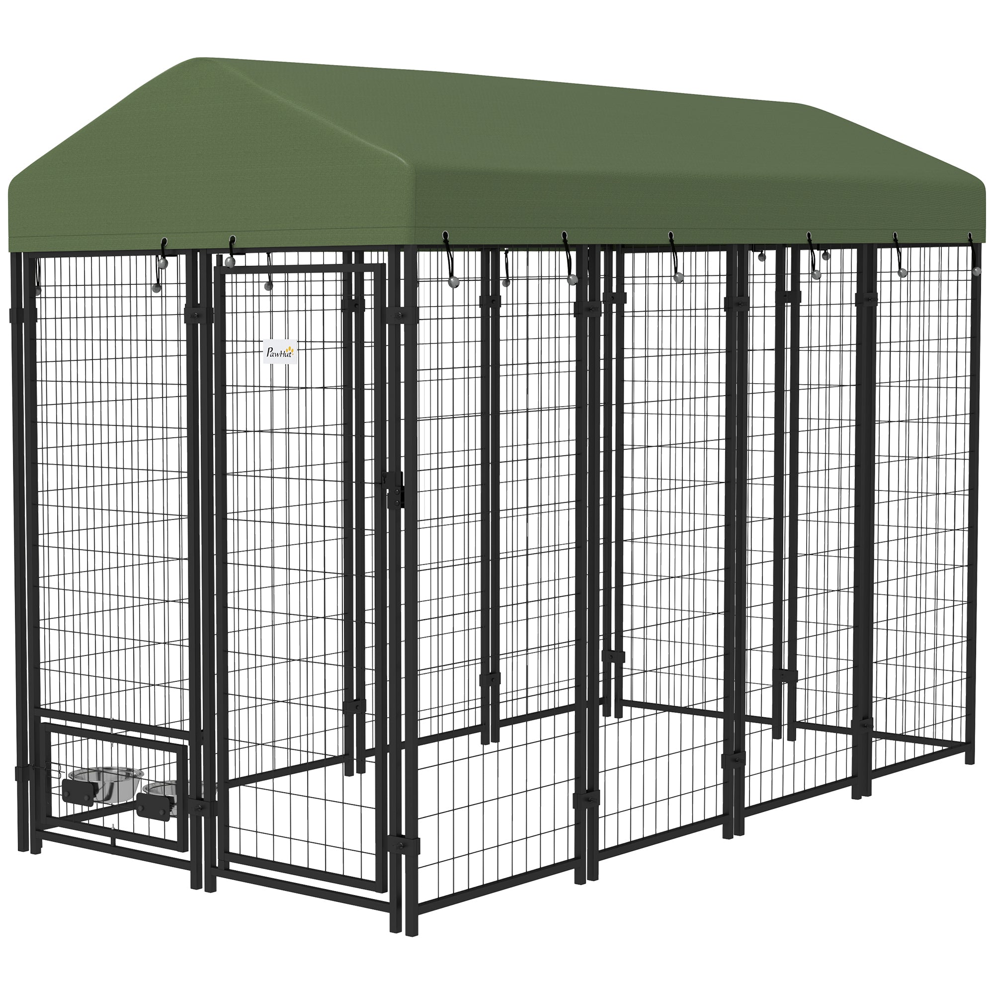 PawHut 8' x 4' x 6' Outdoor Dog Kennel, Welded Wire Heavy Duty Dog Run with 360° Rotating Bowls, Dog Kennel Outside with Waterproof & UV Resistant Cover, for S&M&L Dogs