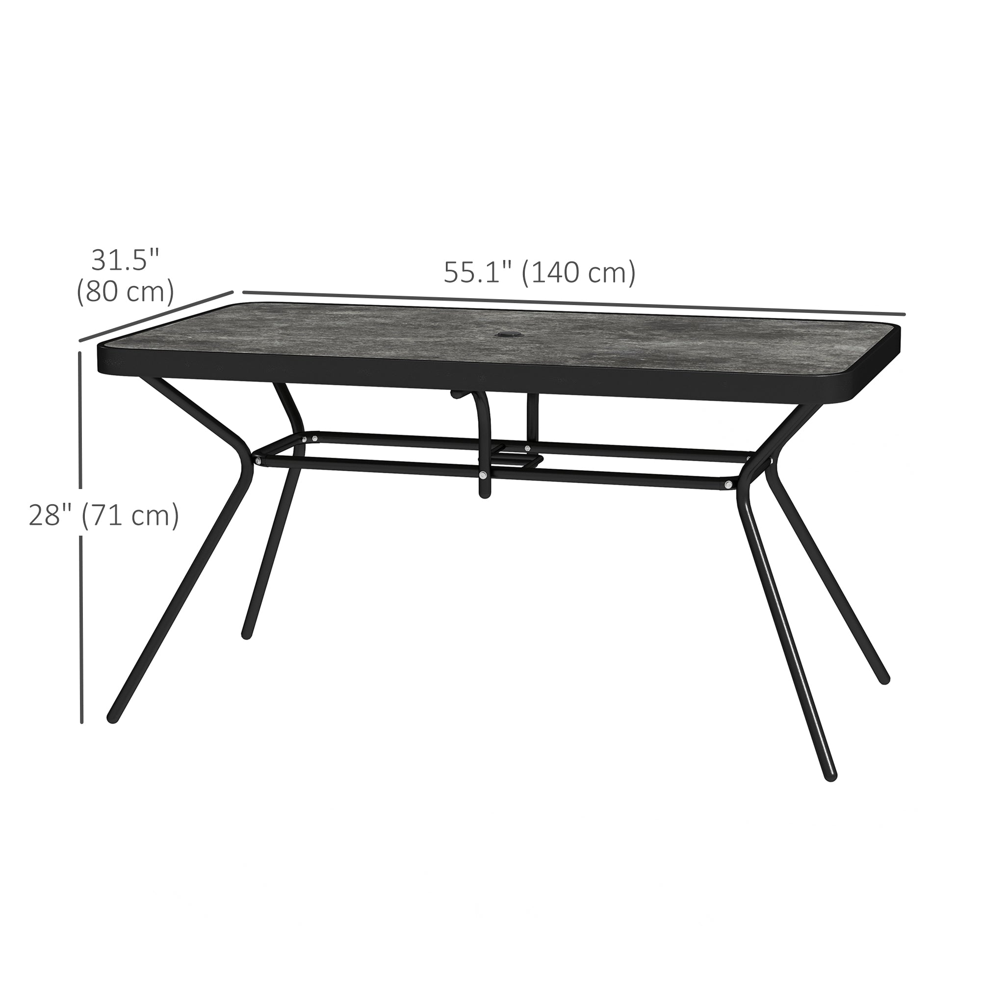 Outsunny 55" x 31.5" x 28" Rectangle Outdoor Dining Table for 6, Patio Table with 1.7" Umbrella Hole, Easy Clean DPC Plastic Tabletop, Steel Frame, for Backyard, Deck, Lawn, Grey