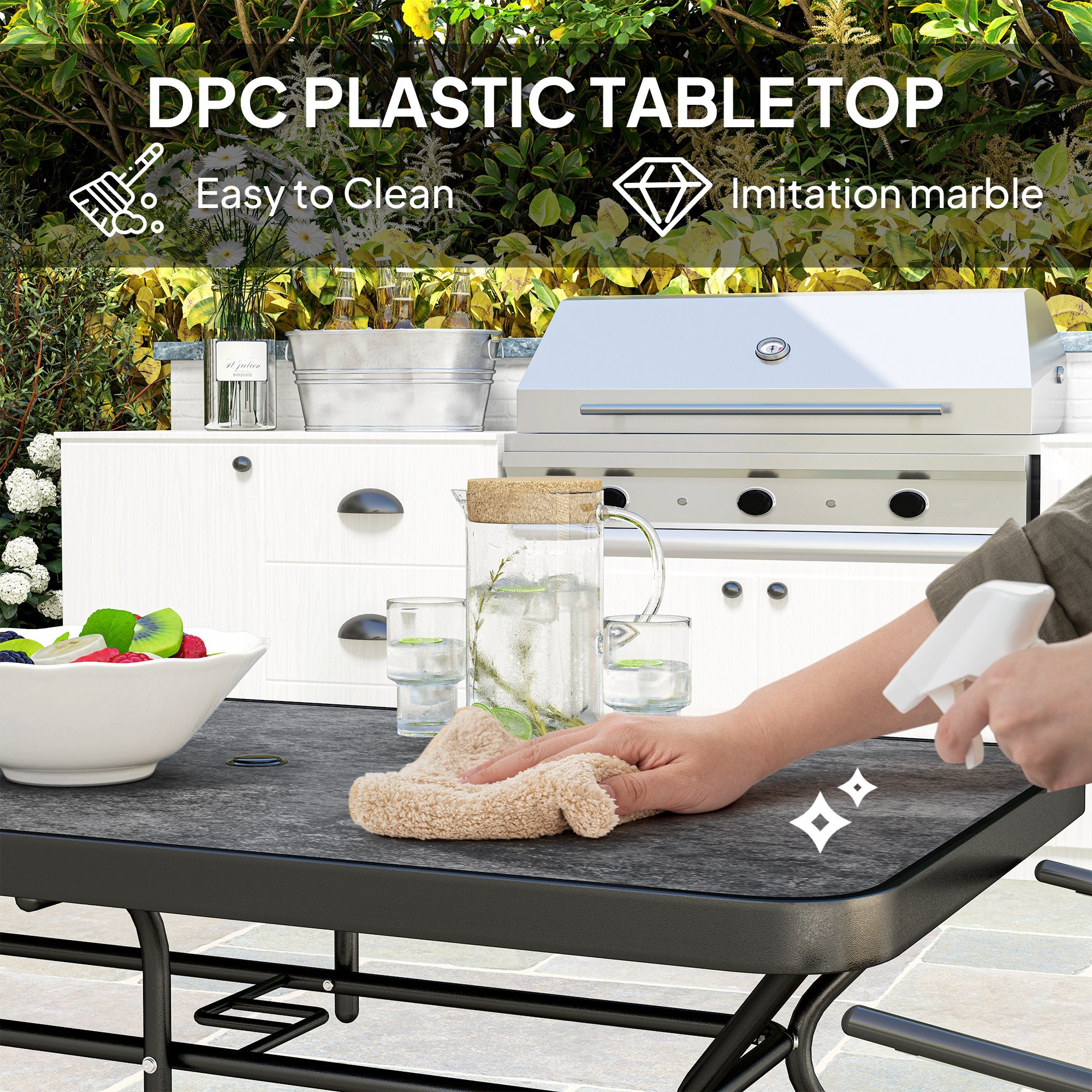 Outsunny 55" x 31.5" x 28" Rectangle Outdoor Dining Table for 6, Patio Table with 1.7" Umbrella Hole, Easy Clean DPC Plastic Tabletop, Steel Frame, for Backyard, Deck, Lawn, Grey