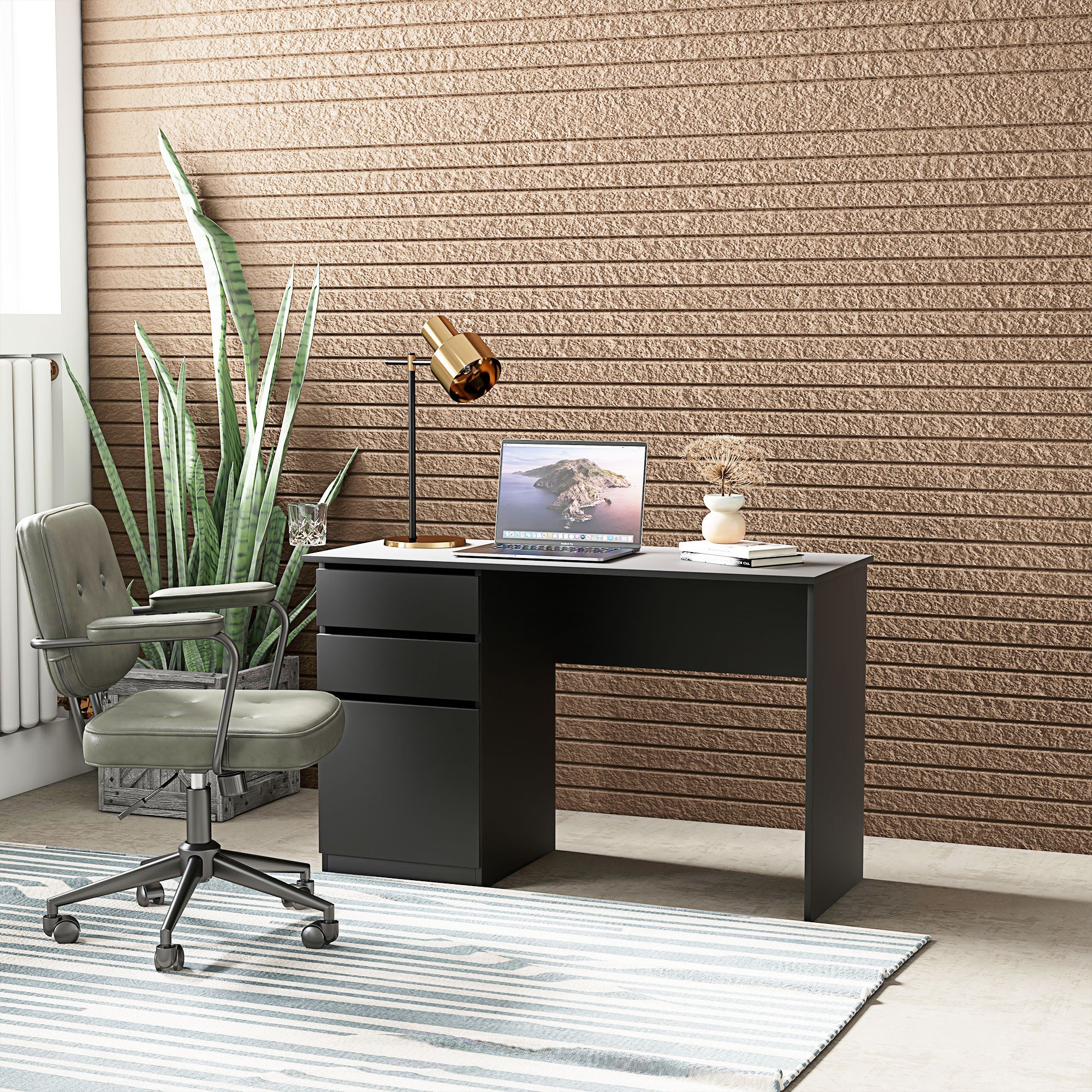 HOMCOM Modern Computer Desk, Home Office Desk for Study, Writing Workstation with Storage Drawer and Cabinet for Living Room, Black