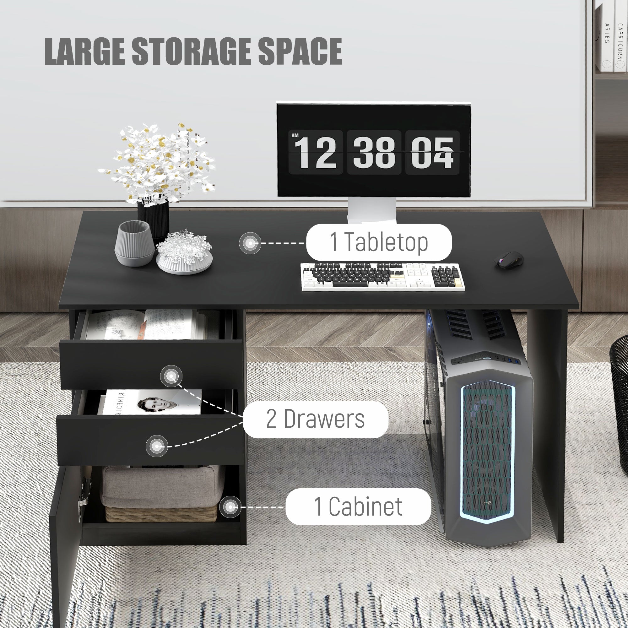 HOMCOM Modern Computer Desk, Home Office Desk for Study, Writing Workstation with Storage Drawer and Cabinet for Living Room, Black