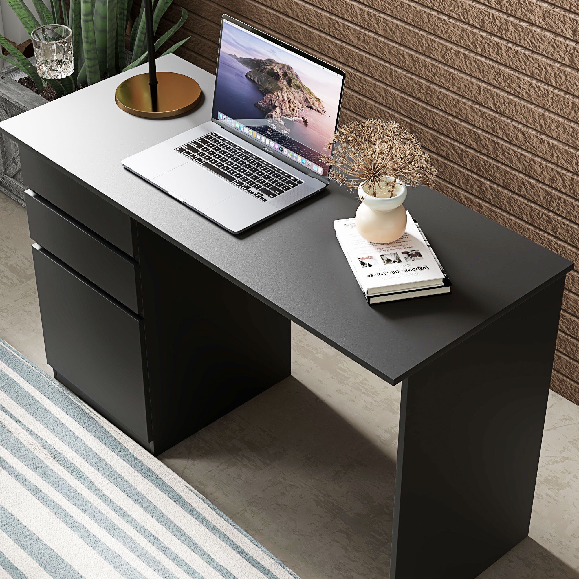 HOMCOM Modern Computer Desk, Home Office Desk for Study, Writing Workstation with Storage Drawer and Cabinet for Living Room, Black