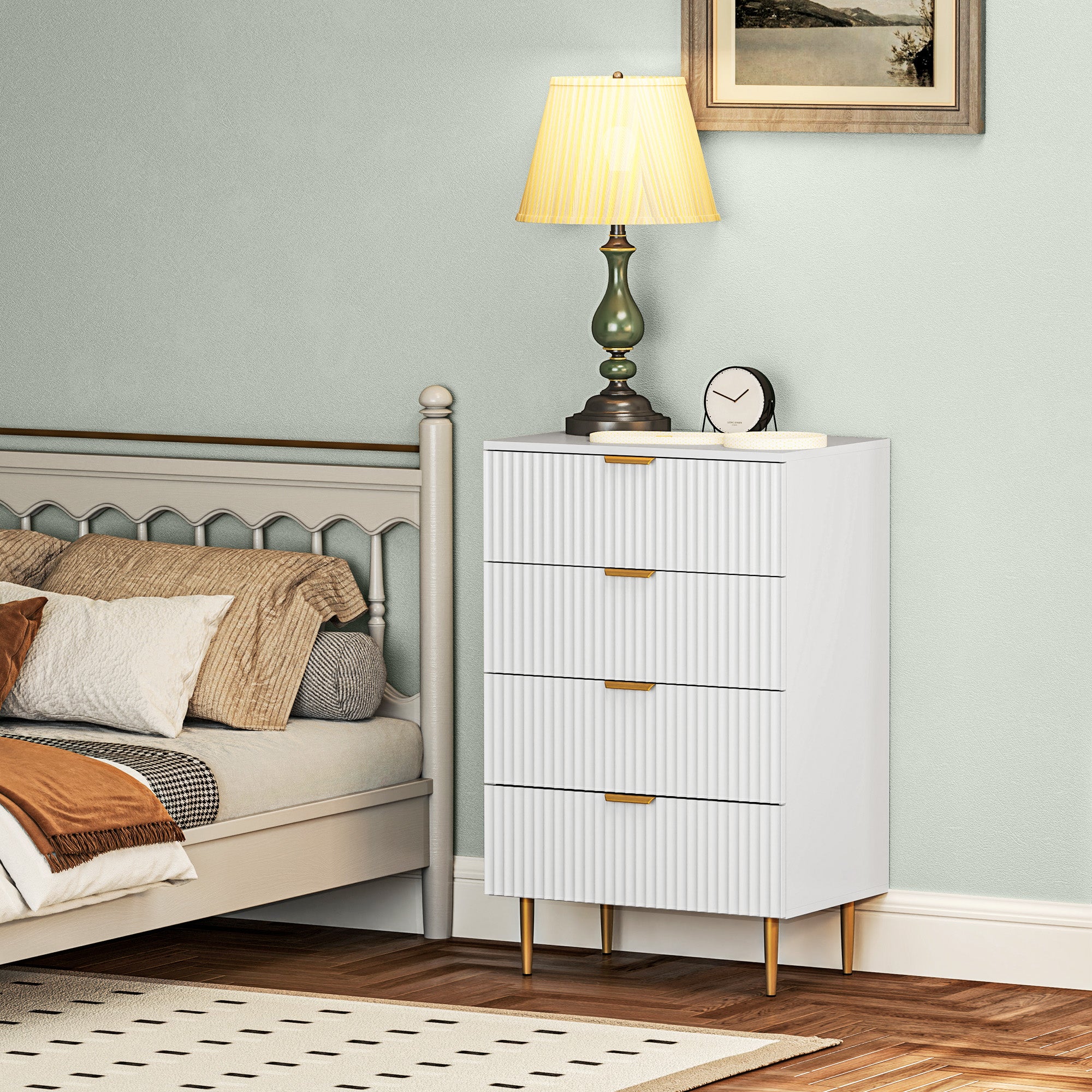 HOMCOM Modern 4 Drawer Dresser for Bedroom, Chest of Drawers with Luxury Gold Handles and Legs, Storage Drawers, White