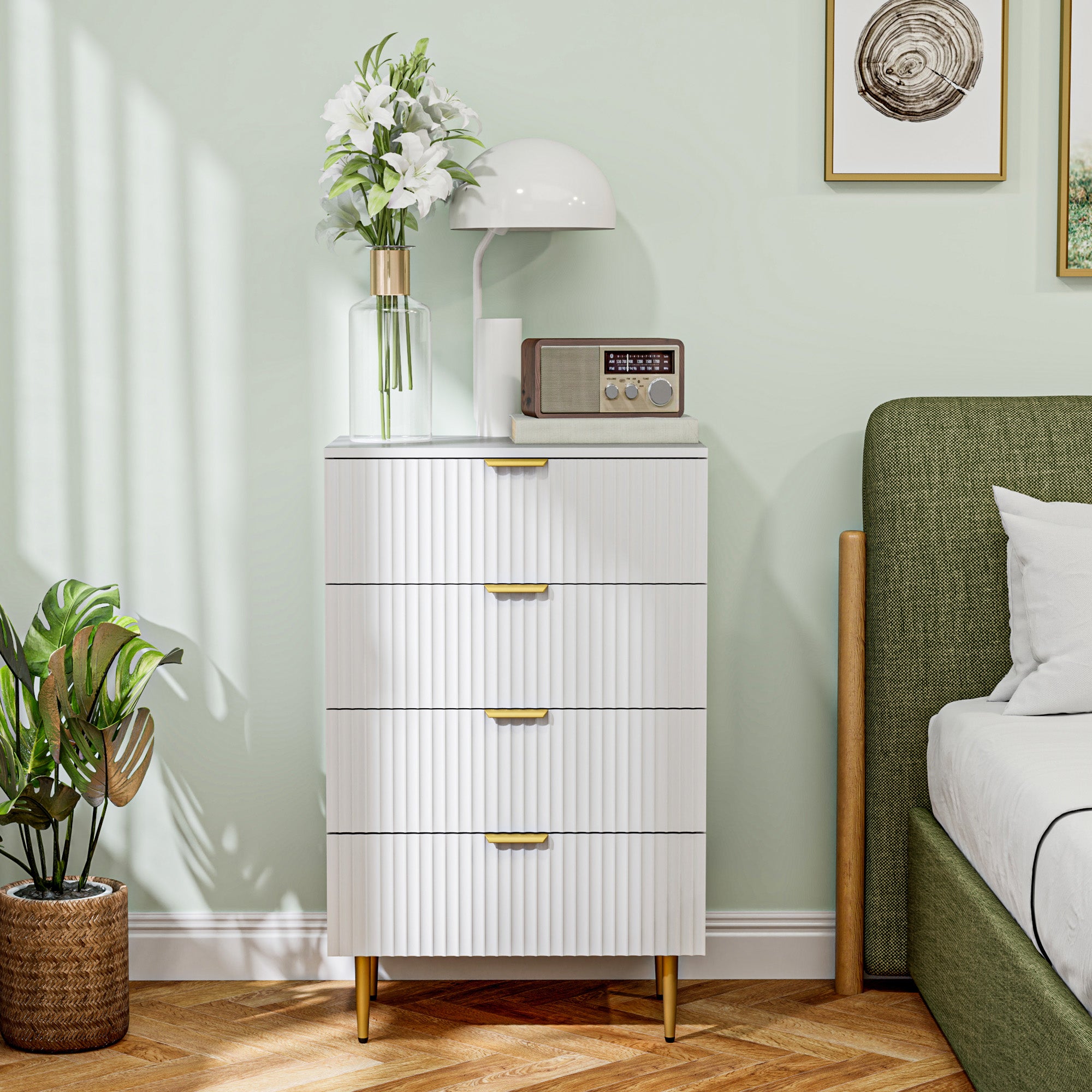 HOMCOM Modern 4 Drawer Dresser for Bedroom, Chest of Drawers with Luxury Gold Handles and Legs, Storage Drawers, White