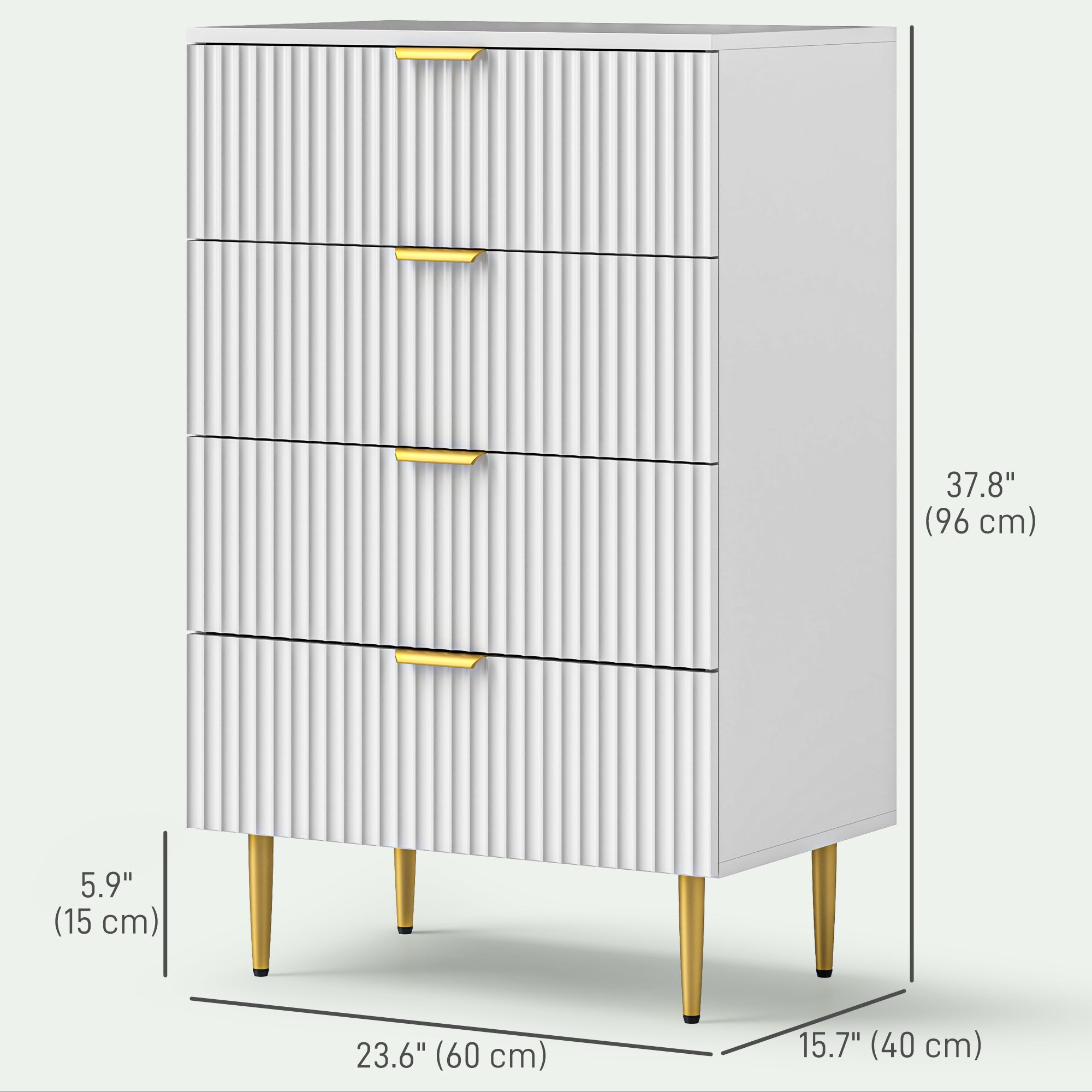 HOMCOM Modern 4 Drawer Dresser for Bedroom, Chest of Drawers with Luxury Gold Handles and Legs, Storage Drawers, White