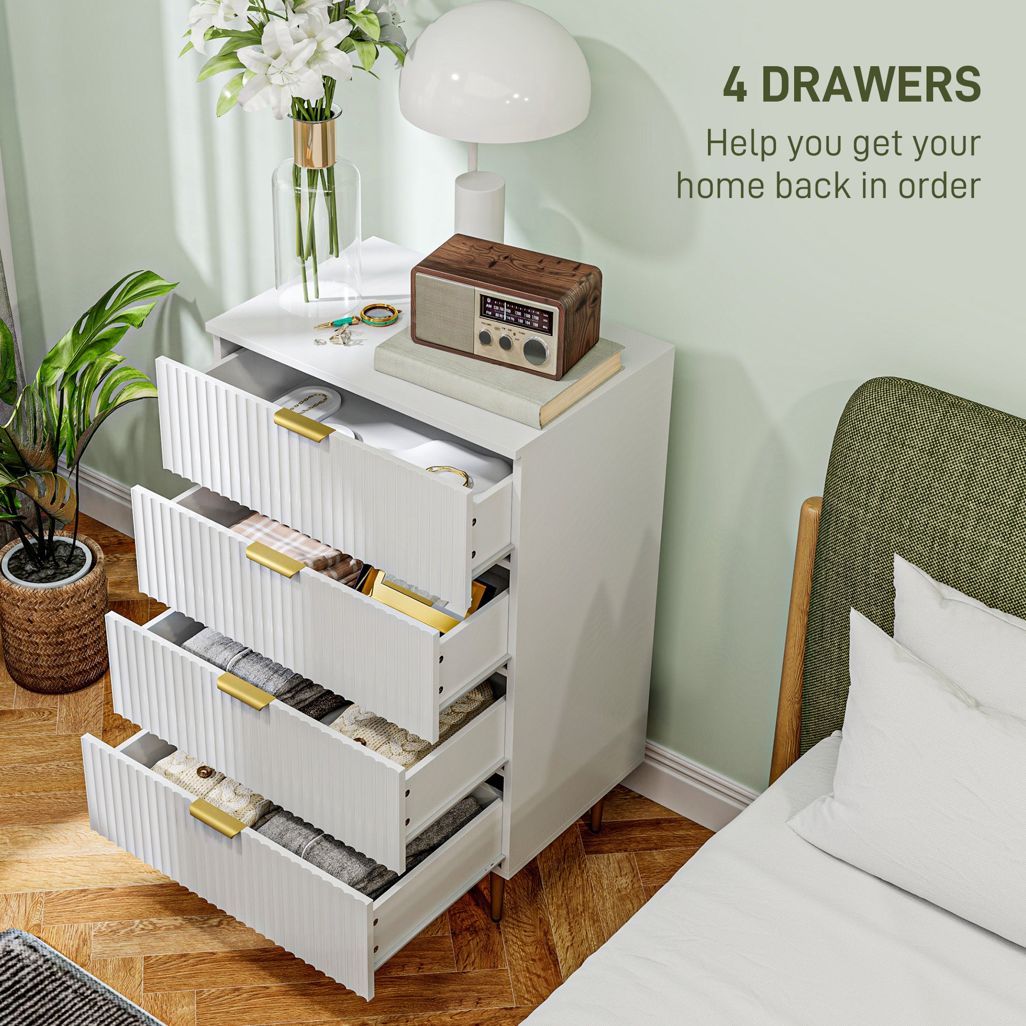 HOMCOM Modern 4 Drawer Dresser for Bedroom, Chest of Drawers with Luxury Gold Handles and Legs, Storage Drawers, White