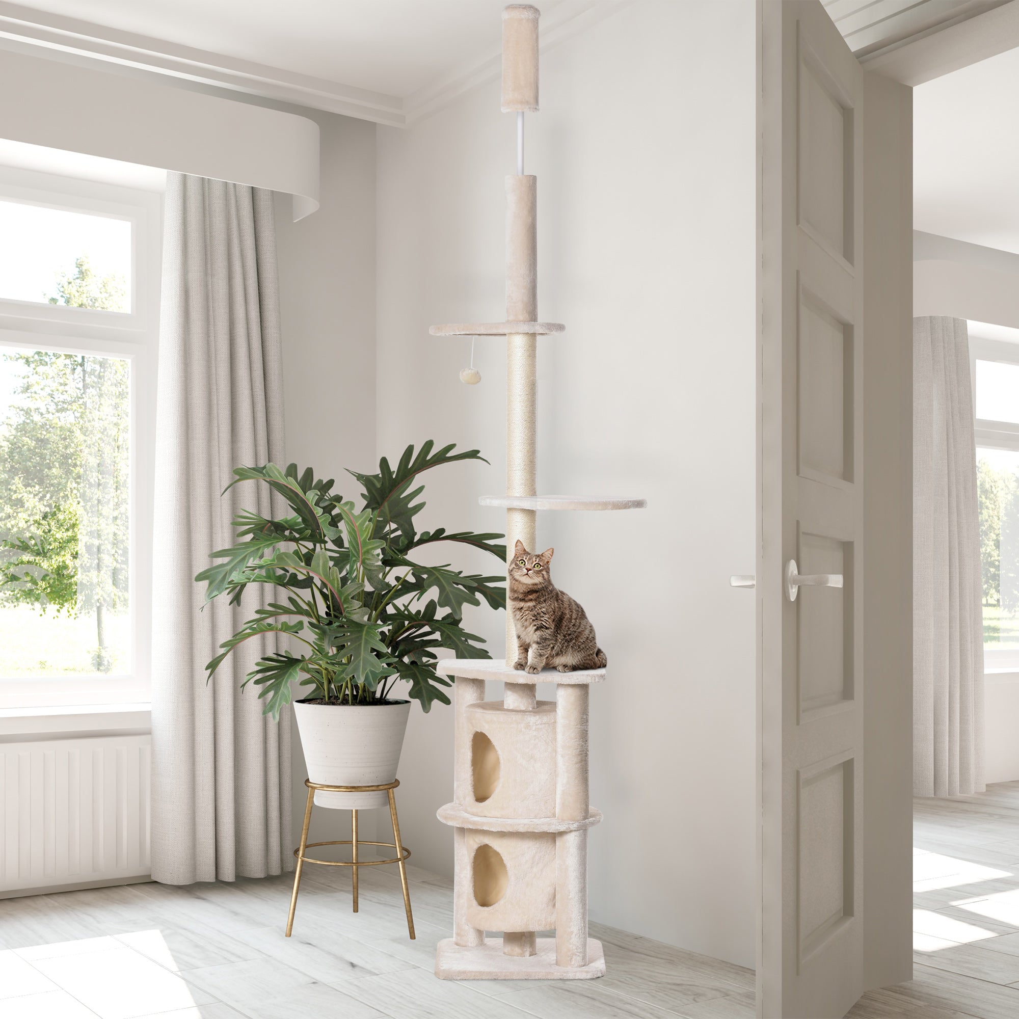 PawHut 5 Tier Floor to Ceiling Cat Tree for Indoor Cats Kitten Climbing Activity Center Scratching Post Play Tower Condo Adjustable Height 240-260cm Beige