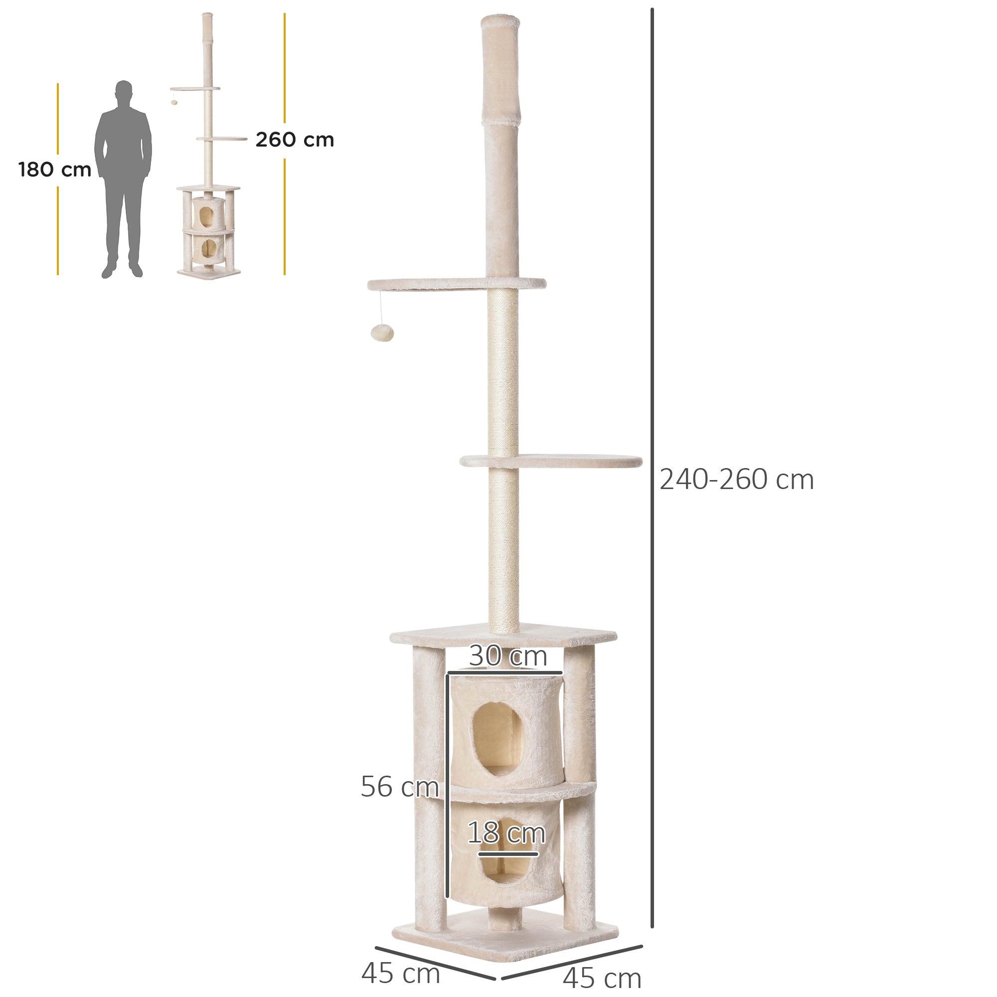 PawHut 5 Tier Floor to Ceiling Cat Tree for Indoor Cats Kitten Climbing Activity Center Scratching Post Play Tower Condo Adjustable Height 240-260cm Beige