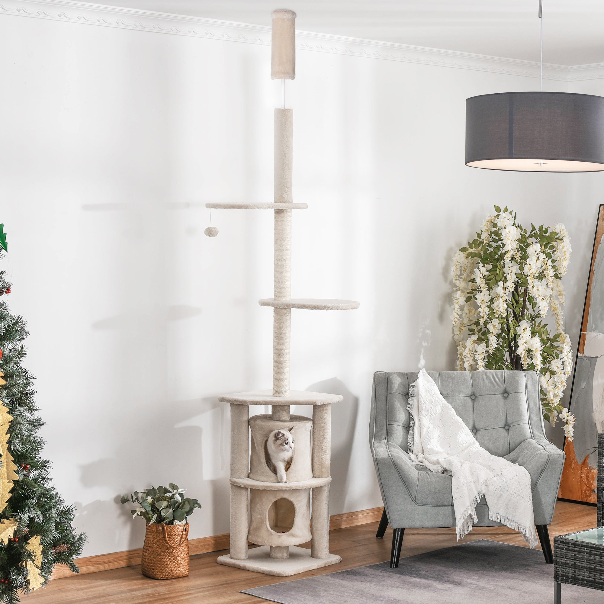 PawHut 5 Tier Floor to Ceiling Cat Tree for Indoor Cats Kitten Climbing Activity Center Scratching Post Play Tower Condo Adjustable Height 240-260cm Beige