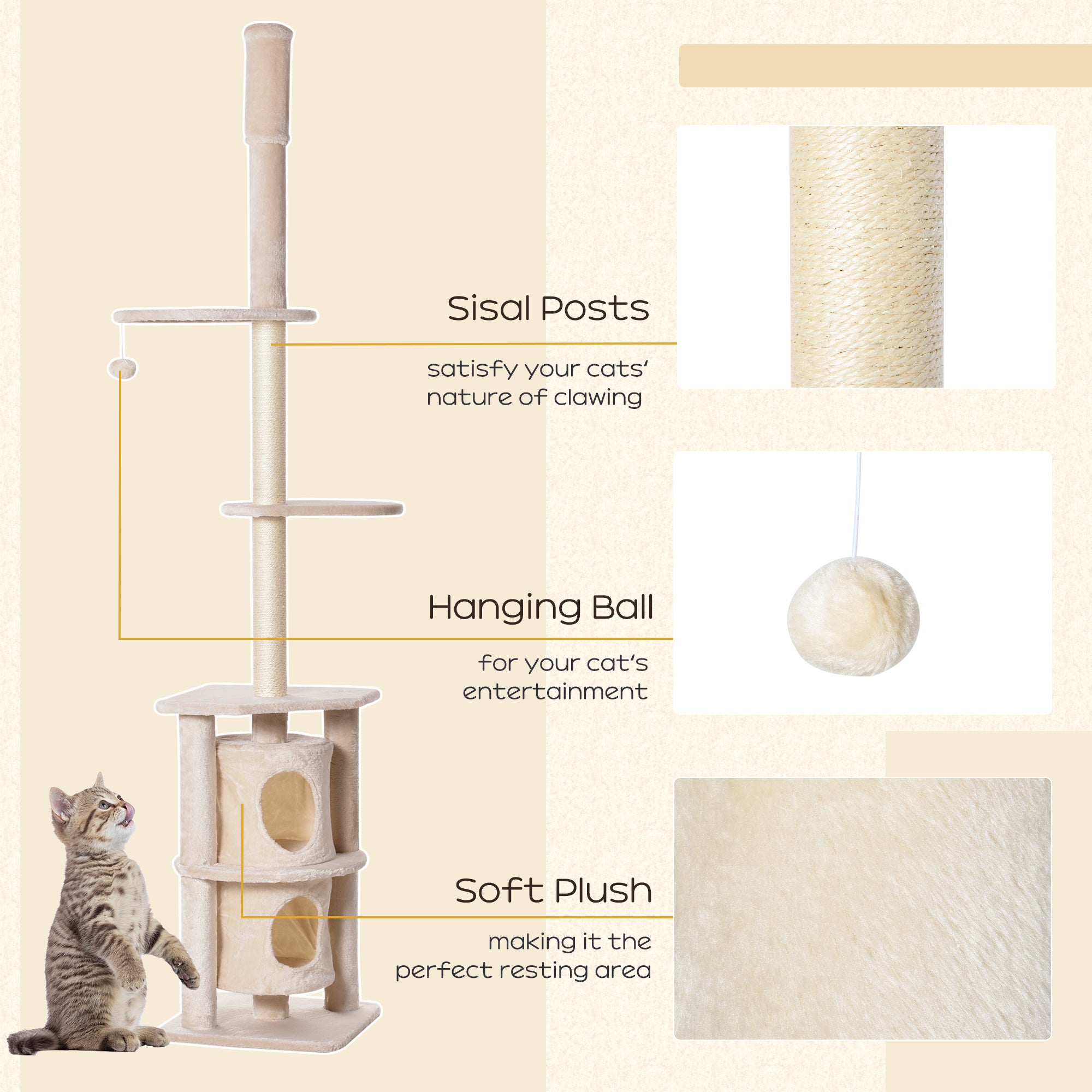 PawHut 5 Tier Floor to Ceiling Cat Tree for Indoor Cats Kitten Climbing Activity Center Scratching Post Play Tower Condo Adjustable Height 240-260cm Beige
