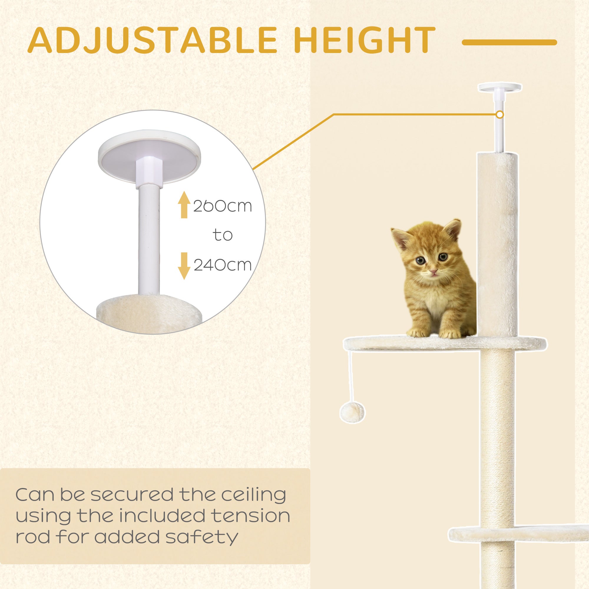 PawHut 5 Tier Floor to Ceiling Cat Tree for Indoor Cats Kitten Climbing Activity Center Scratching Post Play Tower Condo Adjustable Height 240-260cm Beige