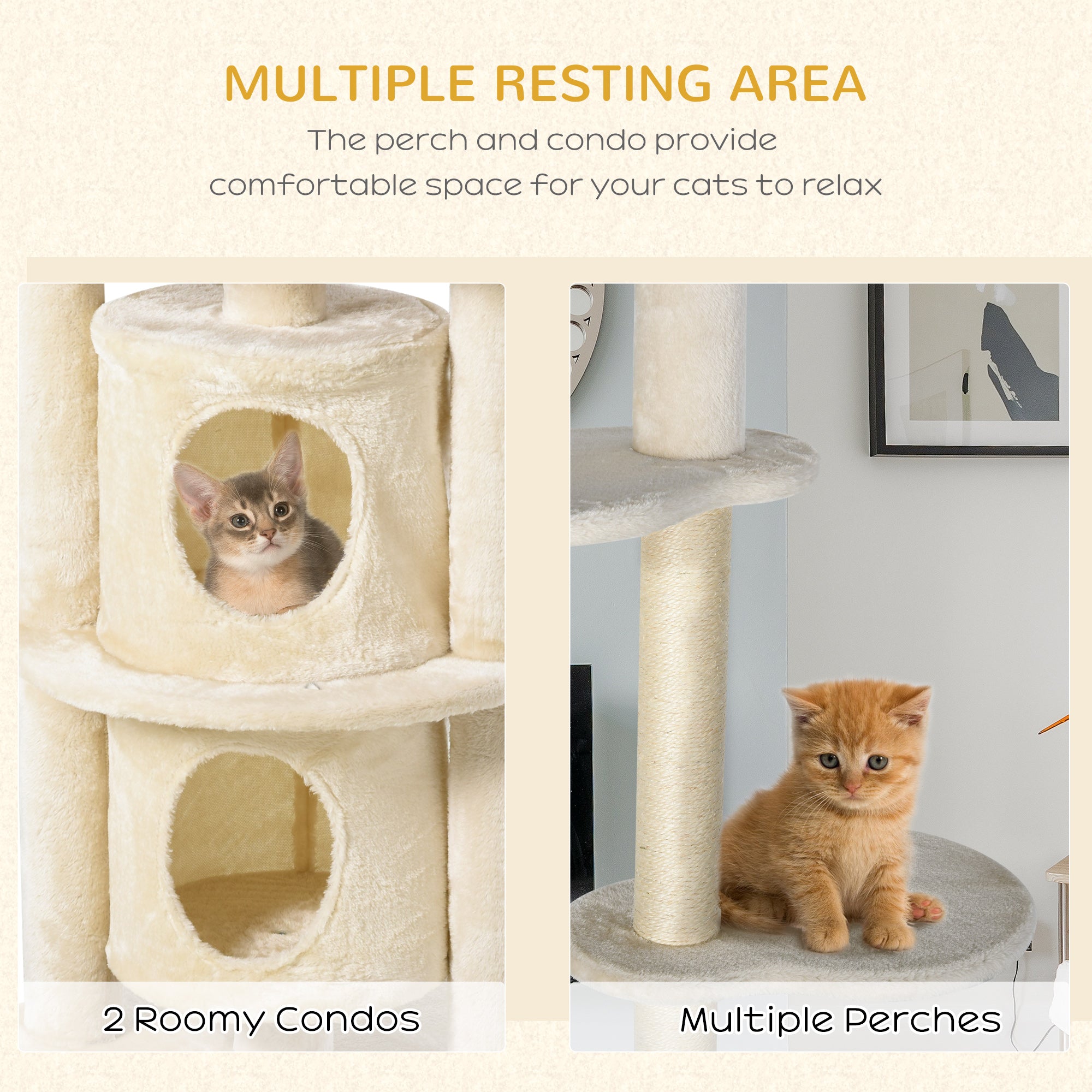 PawHut 5 Tier Floor to Ceiling Cat Tree for Indoor Cats Kitten Climbing Activity Center Scratching Post Play Tower Condo Adjustable Height 240-260cm Beige