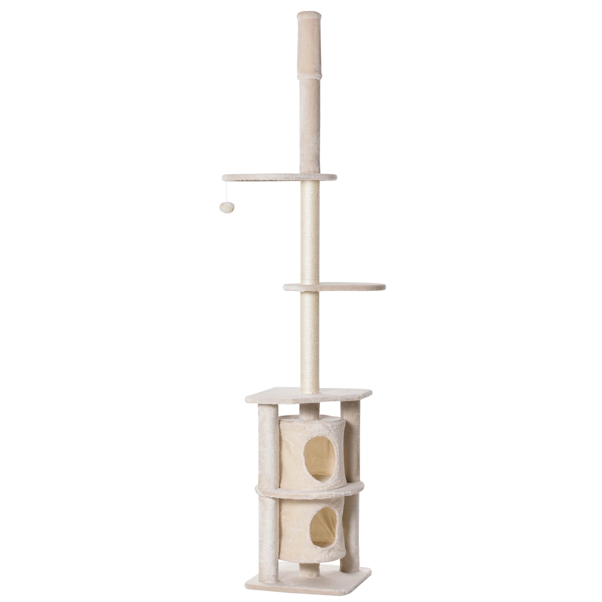 PawHut 5 Tier Floor to Ceiling Cat Tree for Indoor Cats Kitten Climbing Activity Center Scratching Post Play Tower Condo Adjustable Height 240-260cm Beige