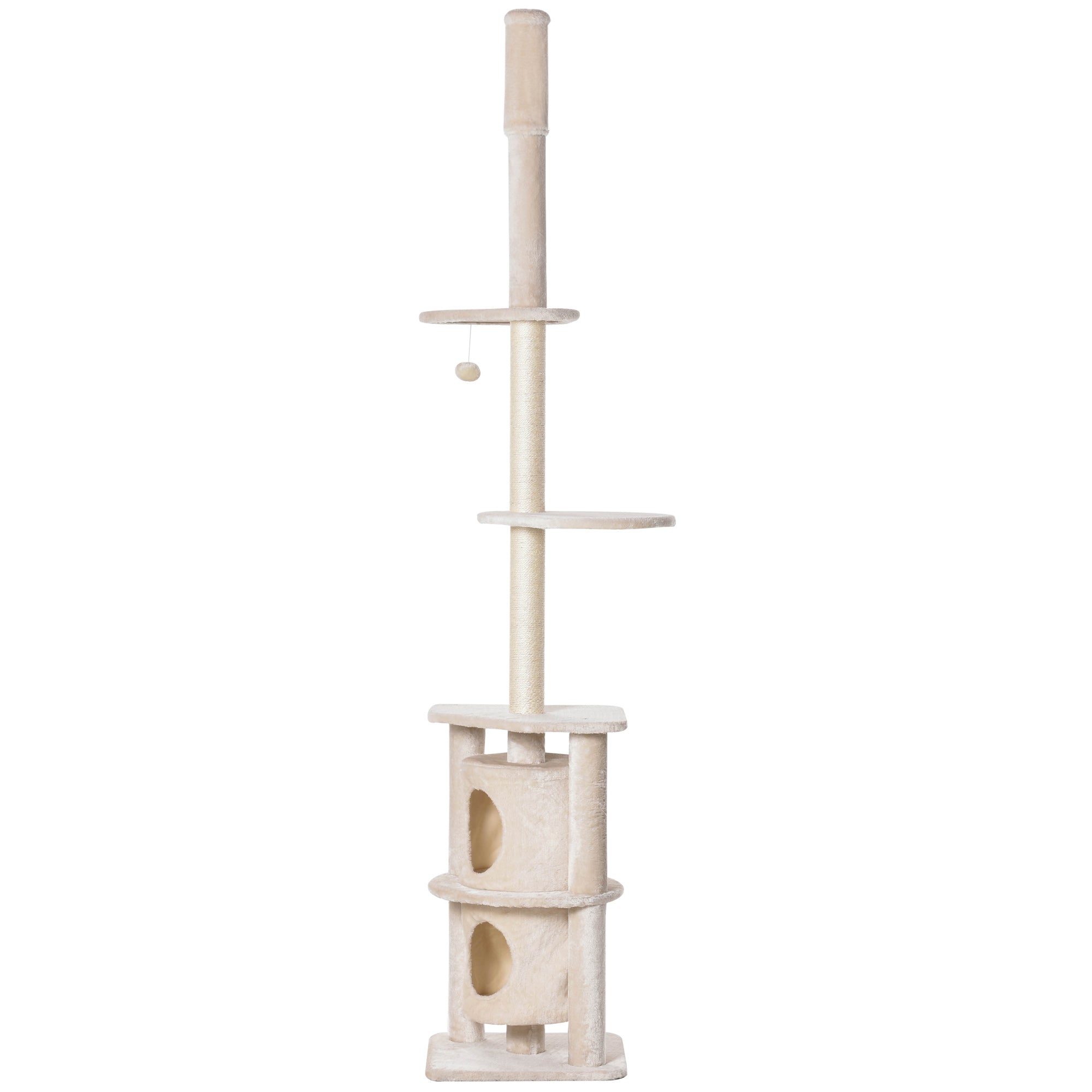 PawHut 5 Tier Floor to Ceiling Cat Tree for Indoor Cats Kitten Climbing Activity Center Scratching Post Play Tower Condo Adjustable Height 240-260cm Beige