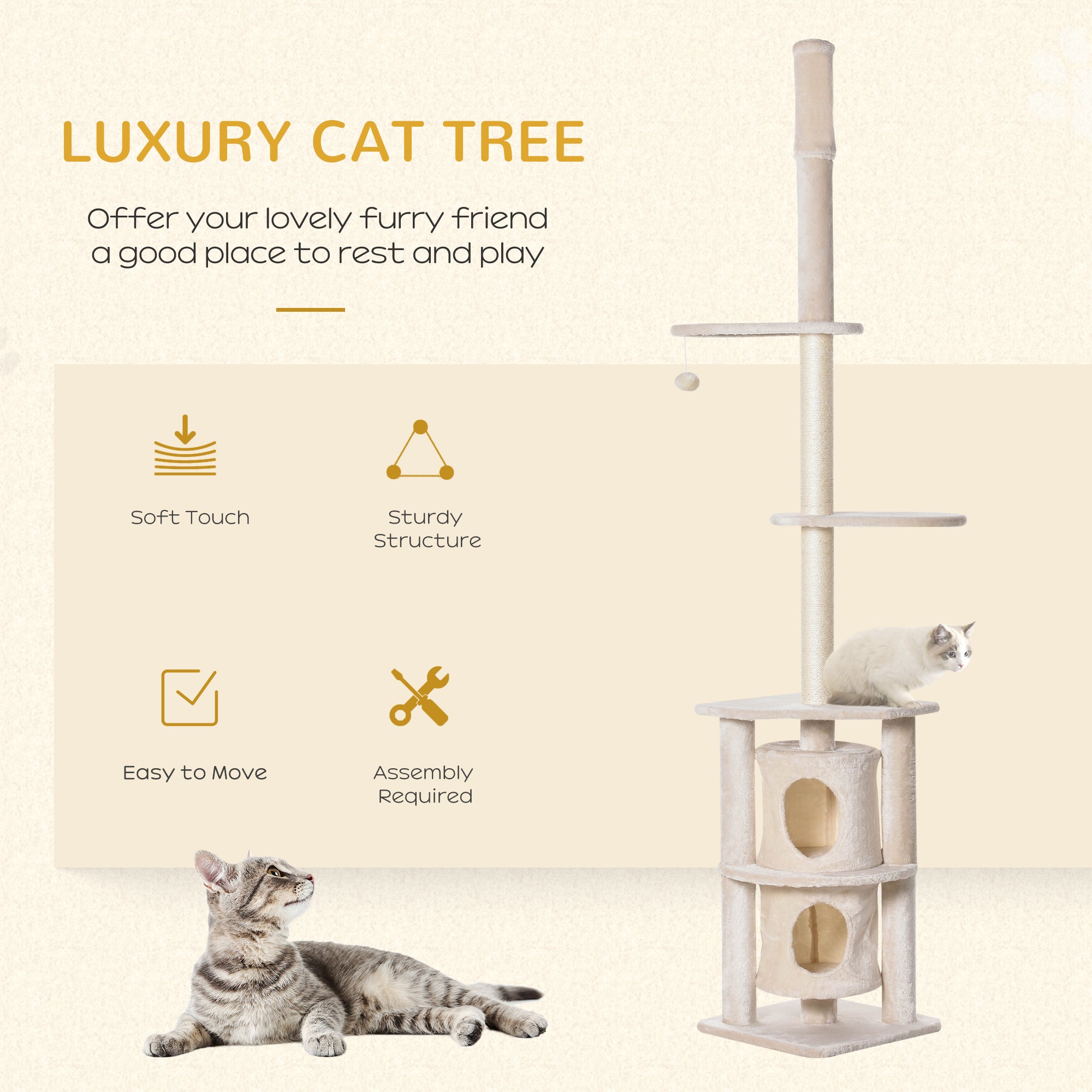 PawHut 5 Tier Floor to Ceiling Cat Tree for Indoor Cats Kitten Climbing Activity Center Scratching Post Play Tower Condo Adjustable Height 240-260cm Beige