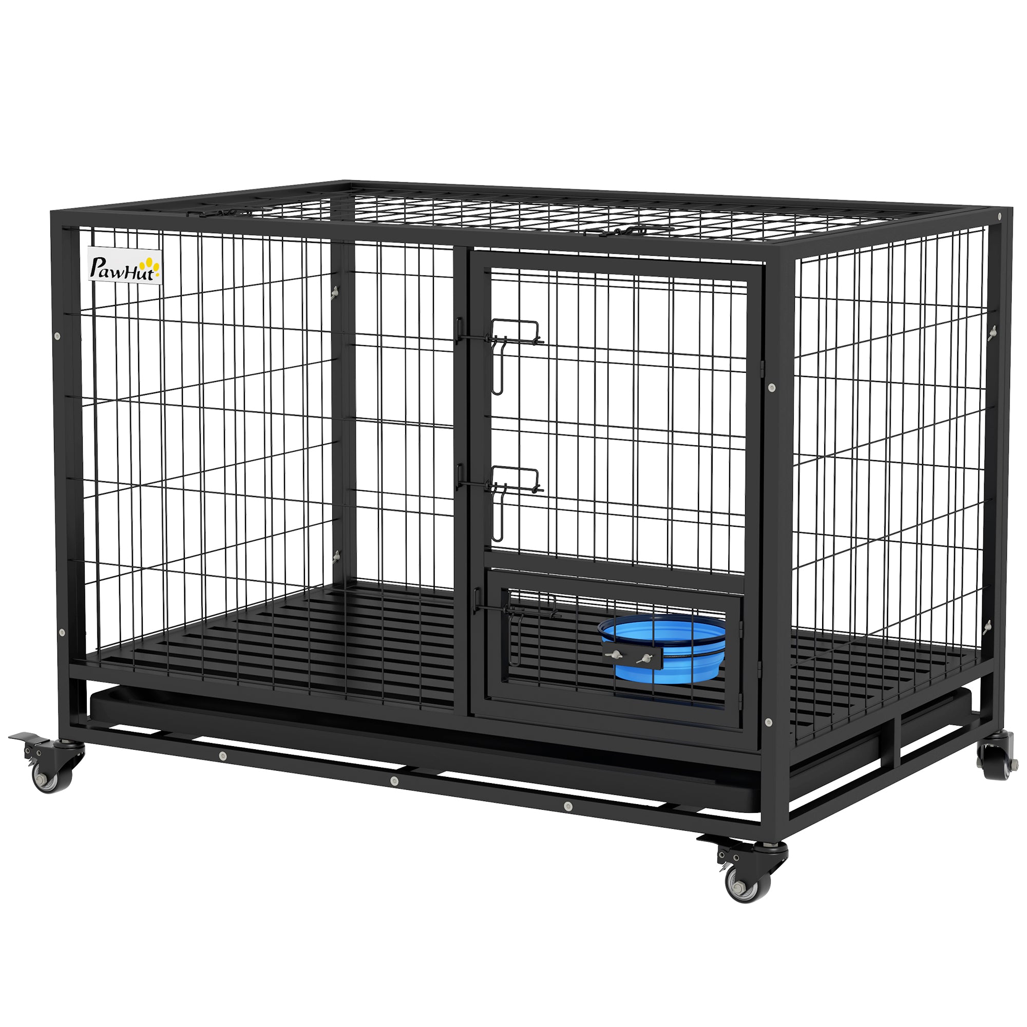 PawHut 43" Heavy Duty Dog Crate with Bowl Holder, Dog Cage on Wheels with Removable Tray, Openable Top, Detachable Door, Indoor Outdoor Use, for Large and Extra Large Dogs - Black
