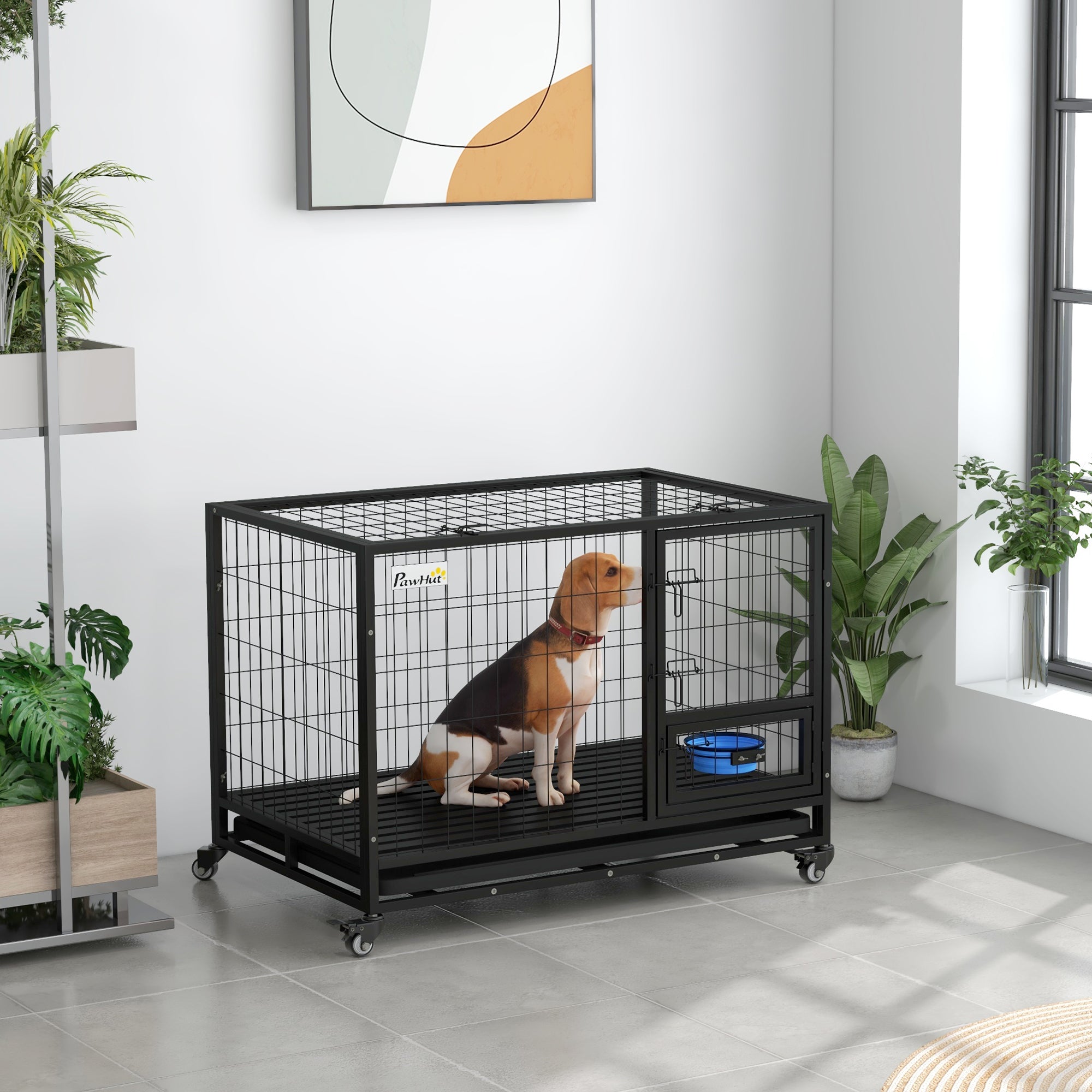 PawHut 43" Heavy Duty Dog Crate with Bowl Holder, Dog Cage on Wheels with Removable Tray, Openable Top, Detachable Door, Indoor Outdoor Use, for Large and Extra Large Dogs - Black