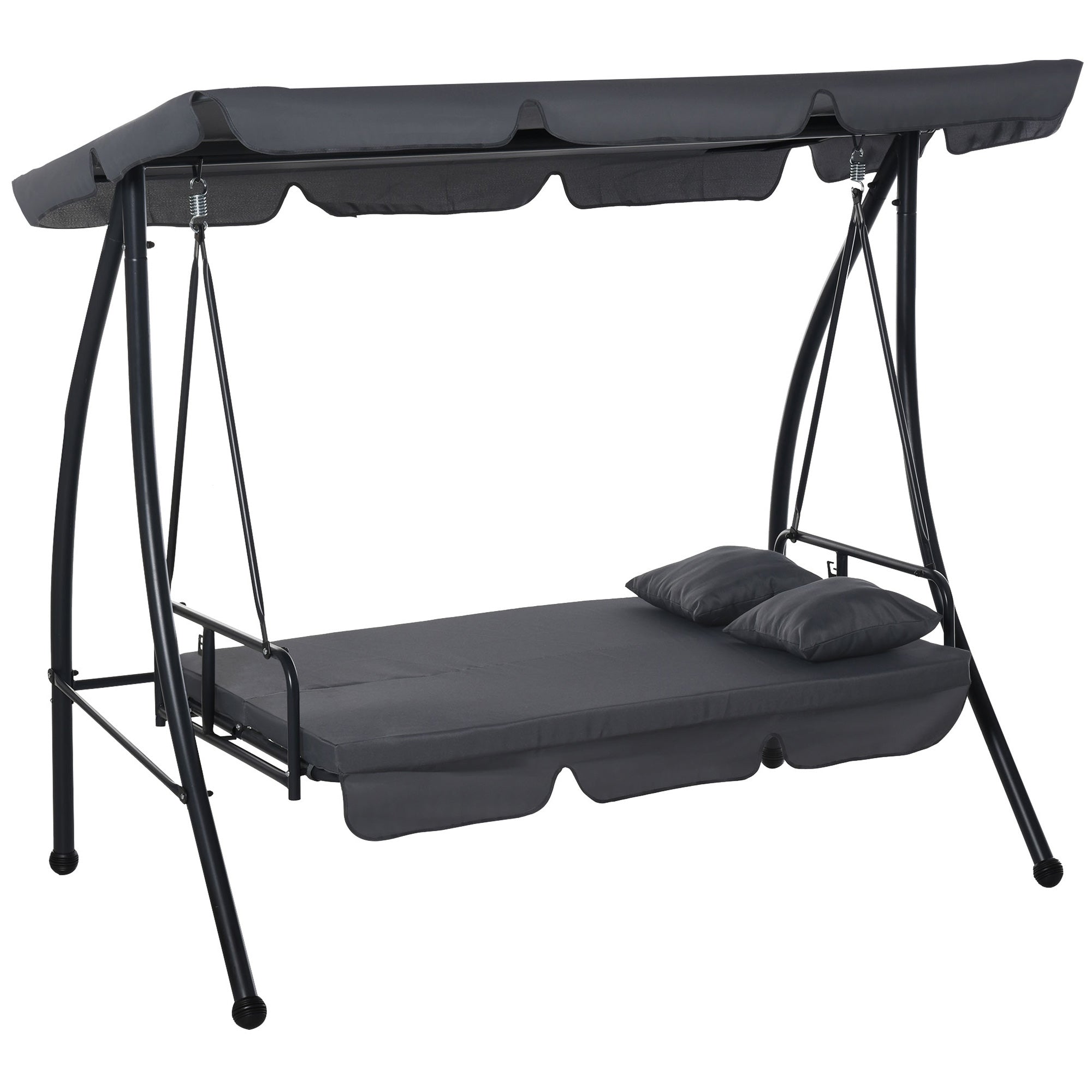 Outsunny Patio Swing Chair, 3 Person Convertible Hammock, Outdoor Swing Lounge Bed, Cushioned with Tilt Canopy, Dark Grey
