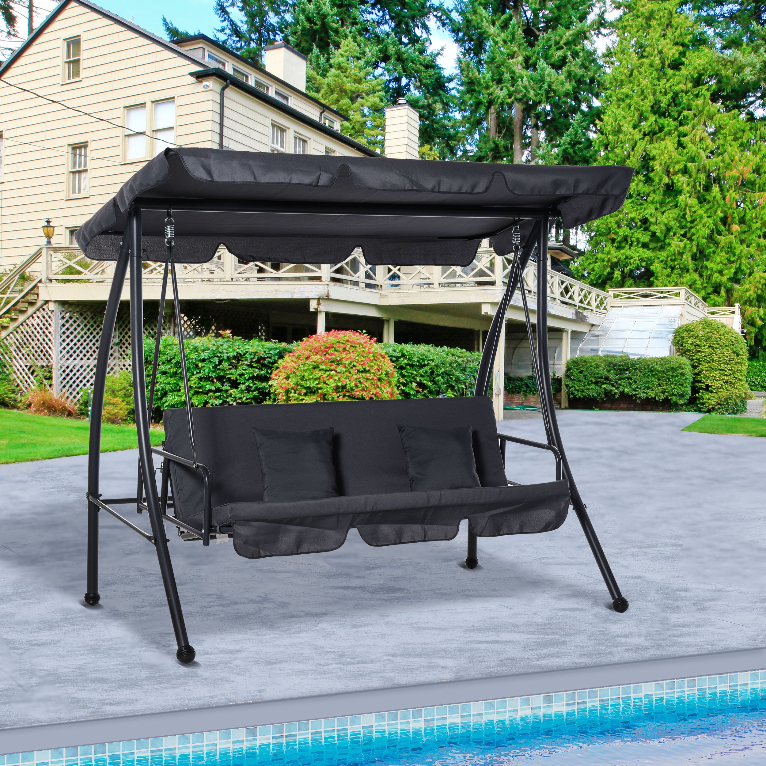 Outsunny Patio Swing Chair, 3 Person Convertible Hammock, Outdoor Swing Lounge Bed, Cushioned with Tilt Canopy, Dark Grey