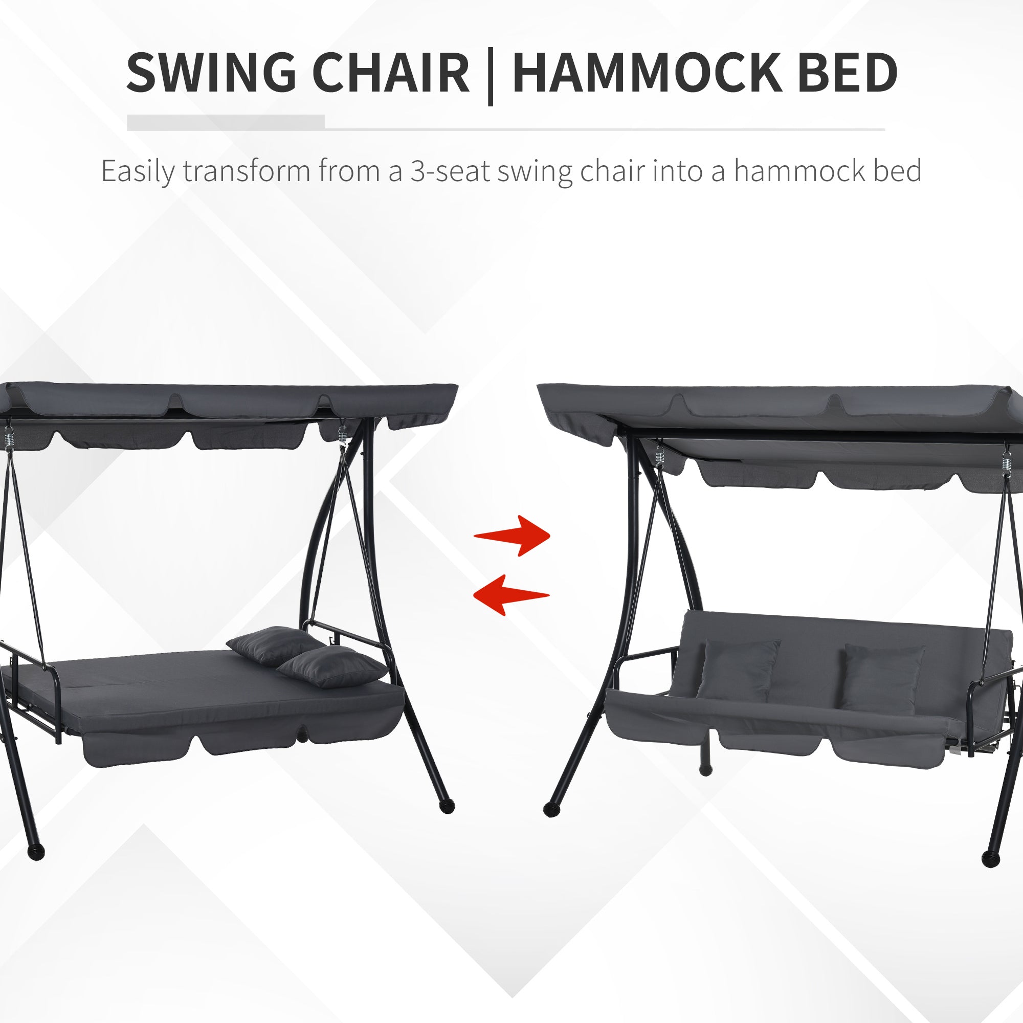 Outsunny Patio Swing Chair, 3 Person Convertible Hammock, Outdoor Swing Lounge Bed, Cushioned with Tilt Canopy, Dark Grey