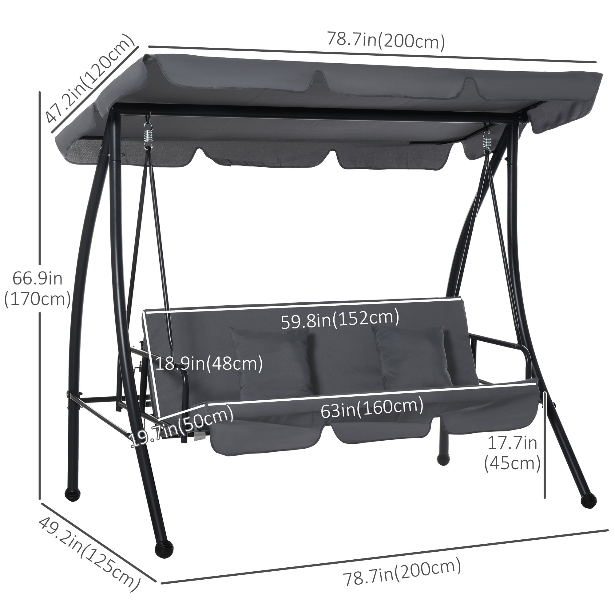 Outsunny Patio Swing Chair, 3 Person Convertible Hammock, Outdoor Swing Lounge Bed, Cushioned with Tilt Canopy, Dark Grey