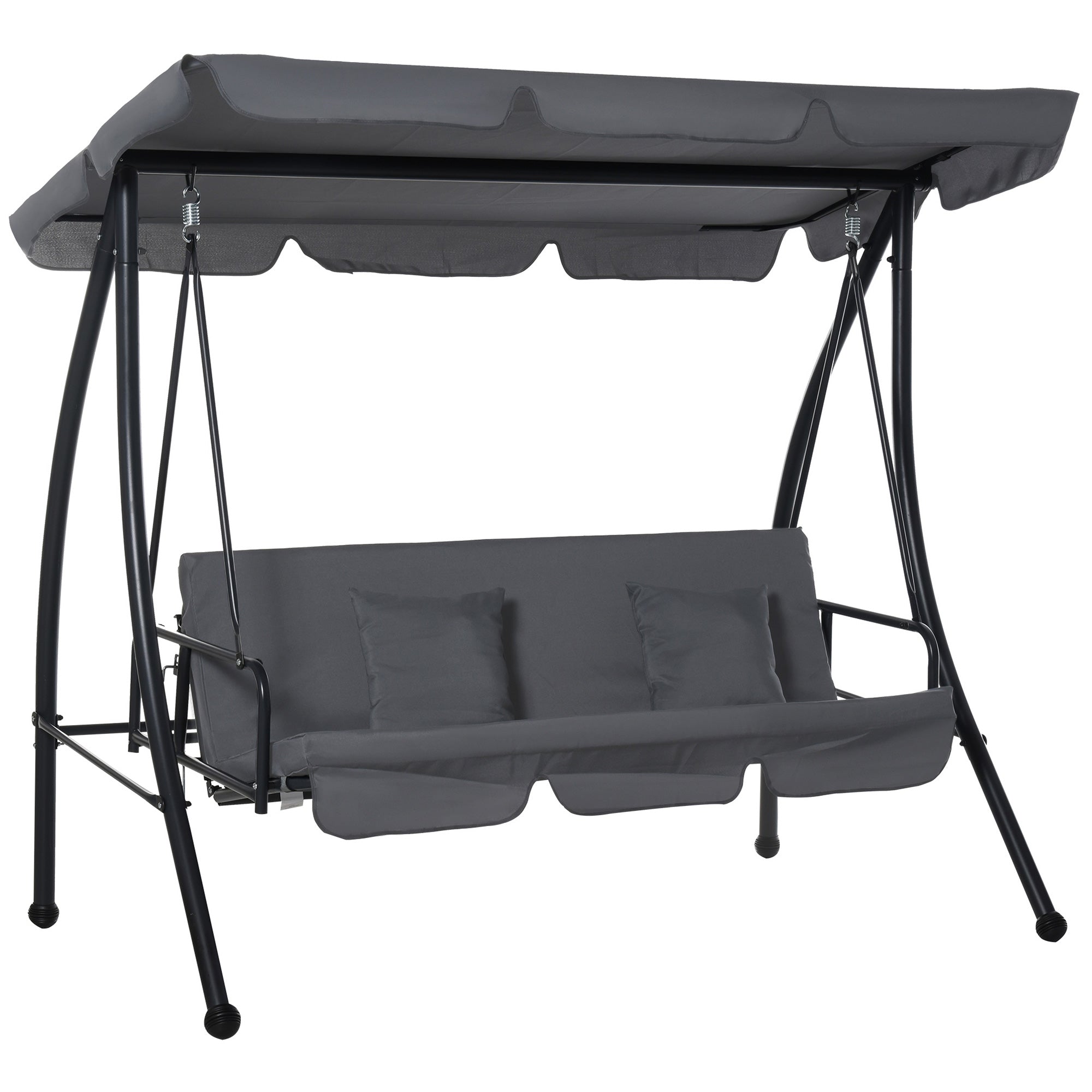 Outsunny Patio Swing Chair, 3 Person Convertible Hammock, Outdoor Swing Lounge Bed, Cushioned with Tilt Canopy, Dark Grey