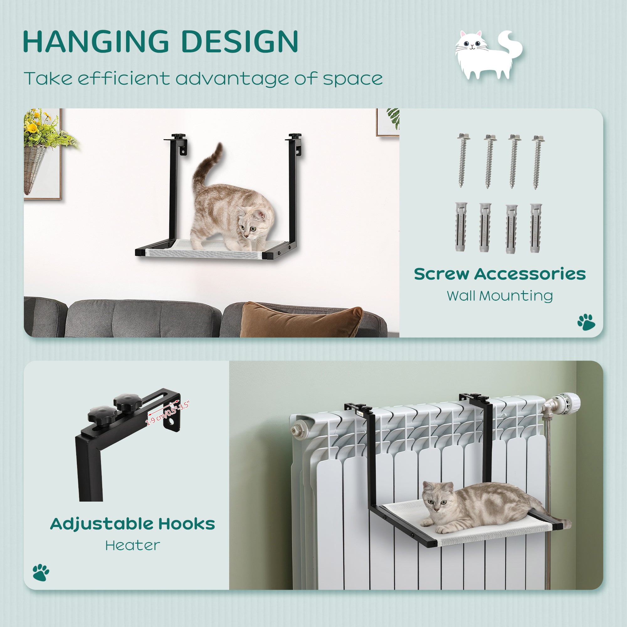 PawHut Wall-Mounted Cat Shelf, Kitten Perch, Kitty Furniture with Breathable Mesh Mat for Relaxing, Sleeping, Black