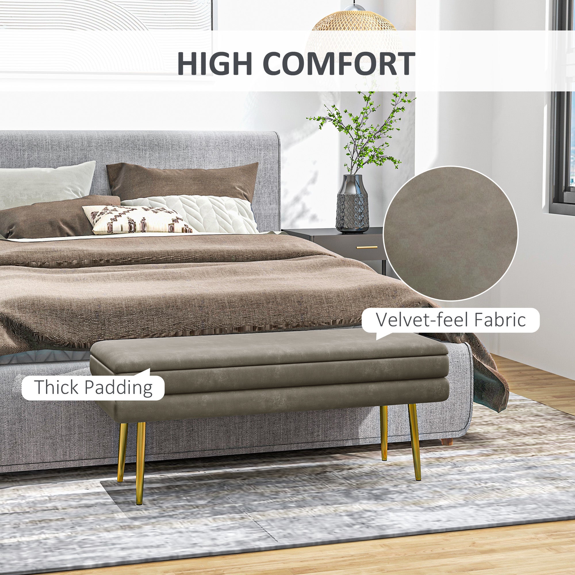 HOMCOM Storage Bench, Velvet-feel Upholstered End of Bed Bench with Gold Tone Legs, Bench with Storage for Living Room, Entryway, Bedroom, Beige