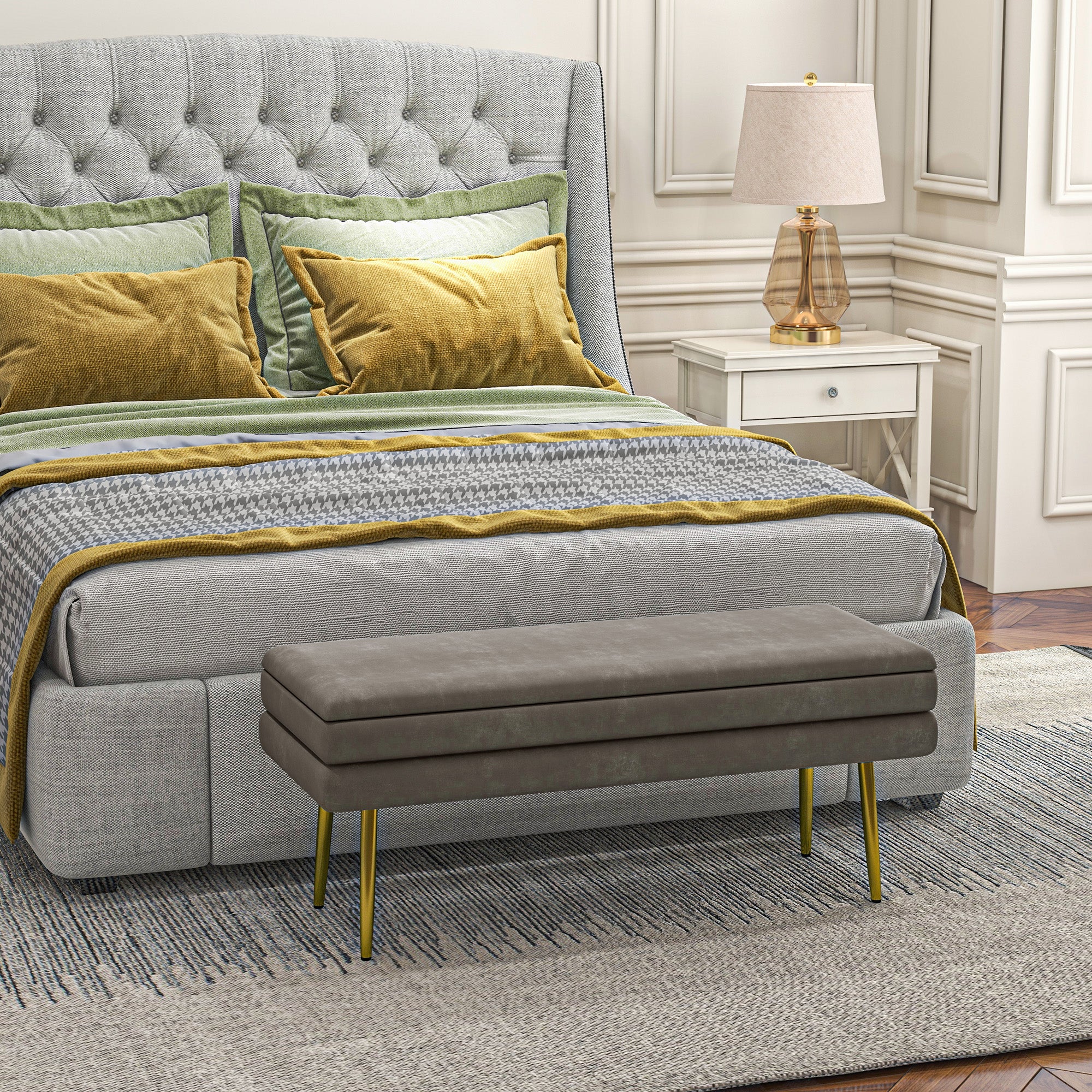 HOMCOM Storage Bench, Velvet-feel Upholstered End of Bed Bench with Gold Tone Legs, Bench with Storage for Living Room, Entryway, Bedroom, Beige