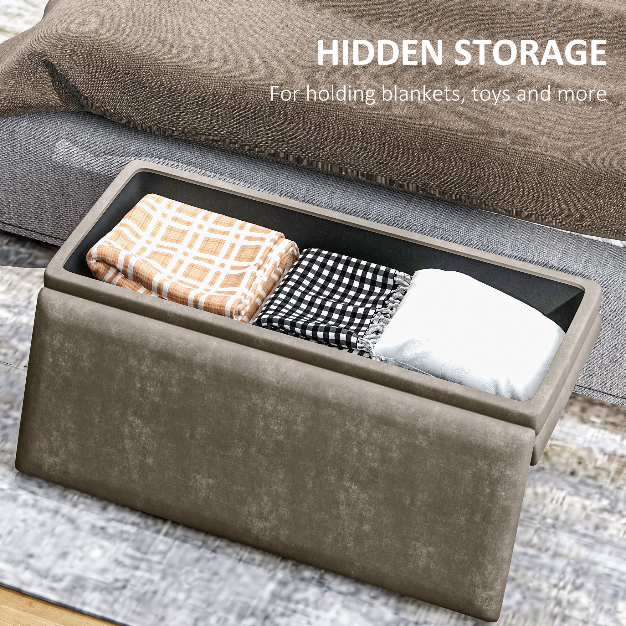 HOMCOM Storage Bench, Velvet-feel Upholstered End of Bed Bench with Gold Tone Legs, Bench with Storage for Living Room, Entryway, Bedroom, Beige