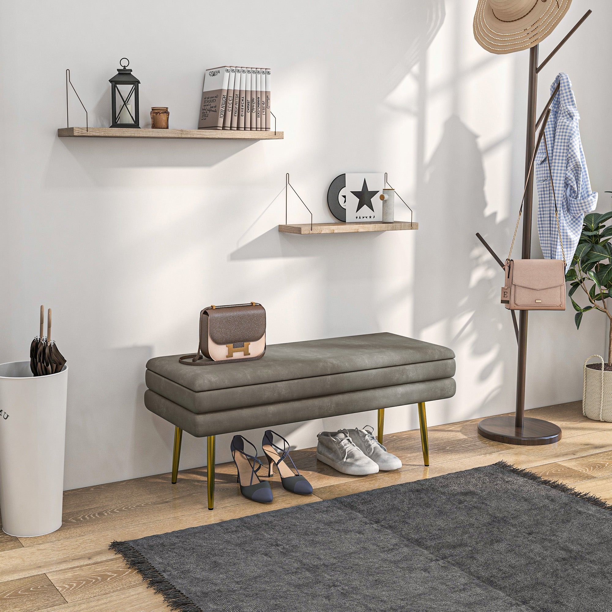 HOMCOM Storage Bench, Velvet-feel Upholstered End of Bed Bench with Gold Tone Legs, Bench with Storage for Living Room, Entryway, Bedroom, Beige