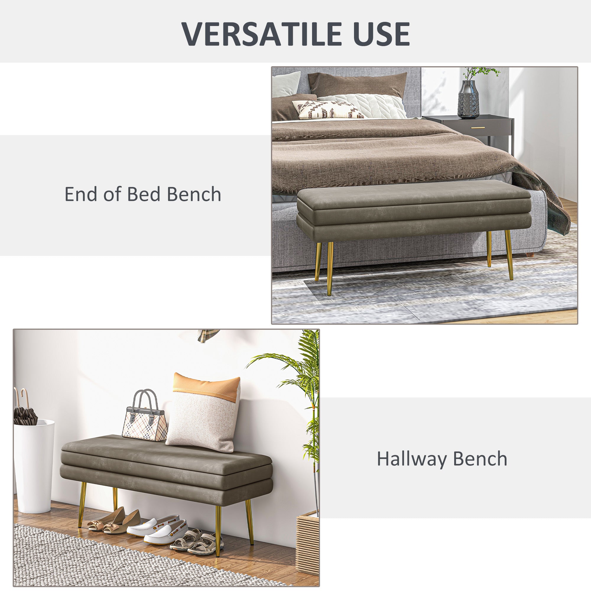 HOMCOM Storage Bench, Velvet-feel Upholstered End of Bed Bench with Gold Tone Legs, Bench with Storage for Living Room, Entryway, Bedroom, Beige