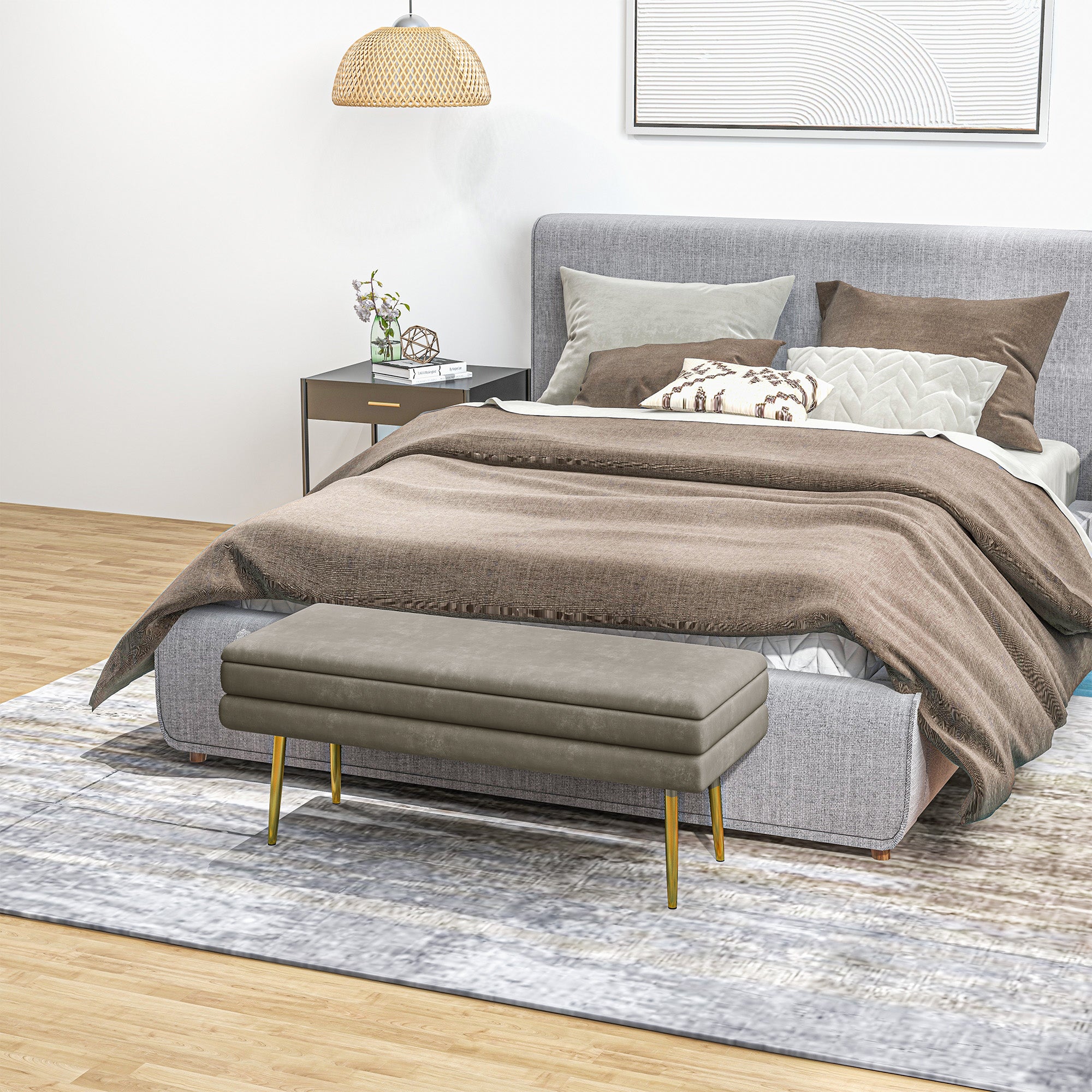 HOMCOM Storage Bench, Velvet-feel Upholstered End of Bed Bench with Gold Tone Legs, Bench with Storage for Living Room, Entryway, Bedroom, Beige