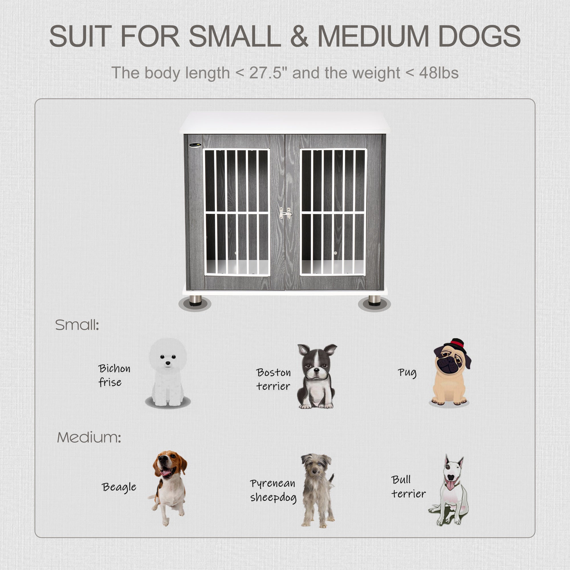 PawHut 34'' 2-in-1 Wooden Dog Kennel, Modern Wire Animal Crate, Pet Cage with Lockable Door and Adjustable Foot Pads, for Small and Medium Dogs, Grey and White