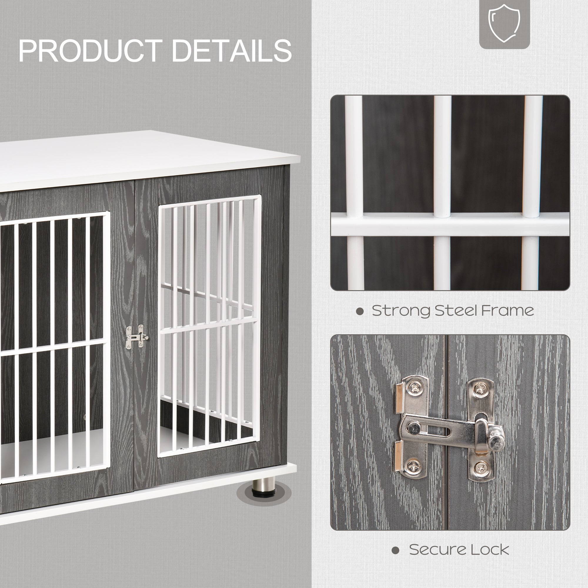 PawHut 34'' 2-in-1 Wooden Dog Kennel, Modern Wire Animal Crate, Pet Cage with Lockable Door and Adjustable Foot Pads, for Small and Medium Dogs, Grey and White