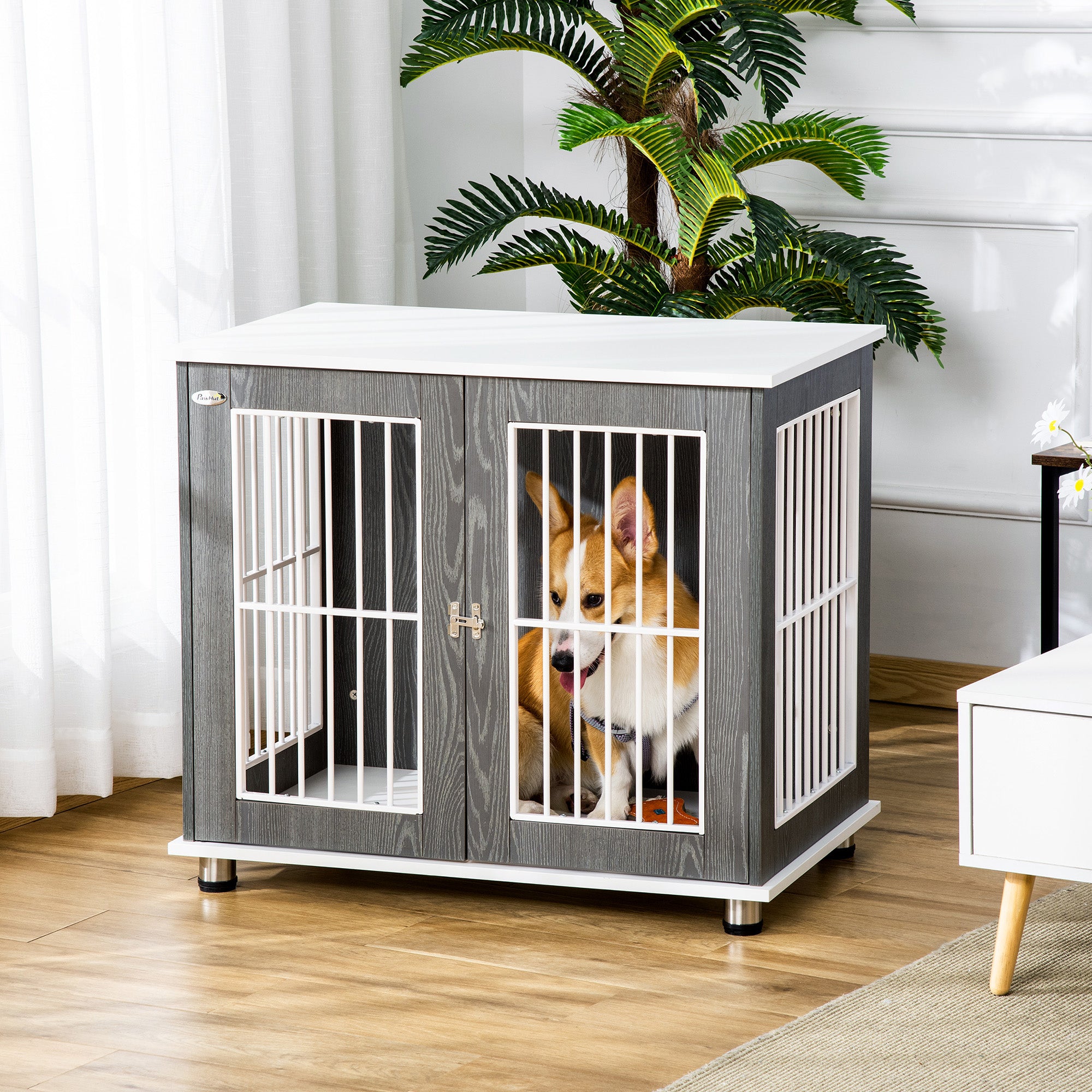 PawHut 34'' 2-in-1 Wooden Dog Kennel, Modern Wire Animal Crate, Pet Cage with Lockable Door and Adjustable Foot Pads, for Small and Medium Dogs, Grey and White