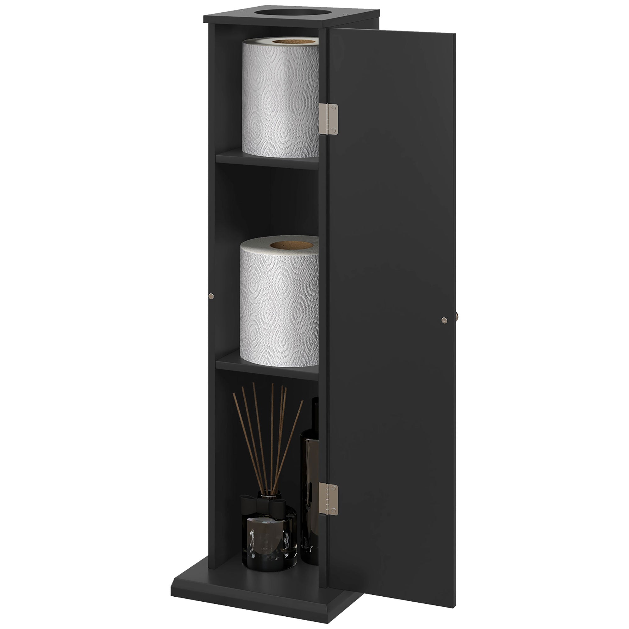 HOMCOM Toilet Paper Cabinet, Small Bathroom Corner Floor Cabinet with Doors and Shelves, Thin Storage Bathroom Organizer for Paper Shampoo, Black