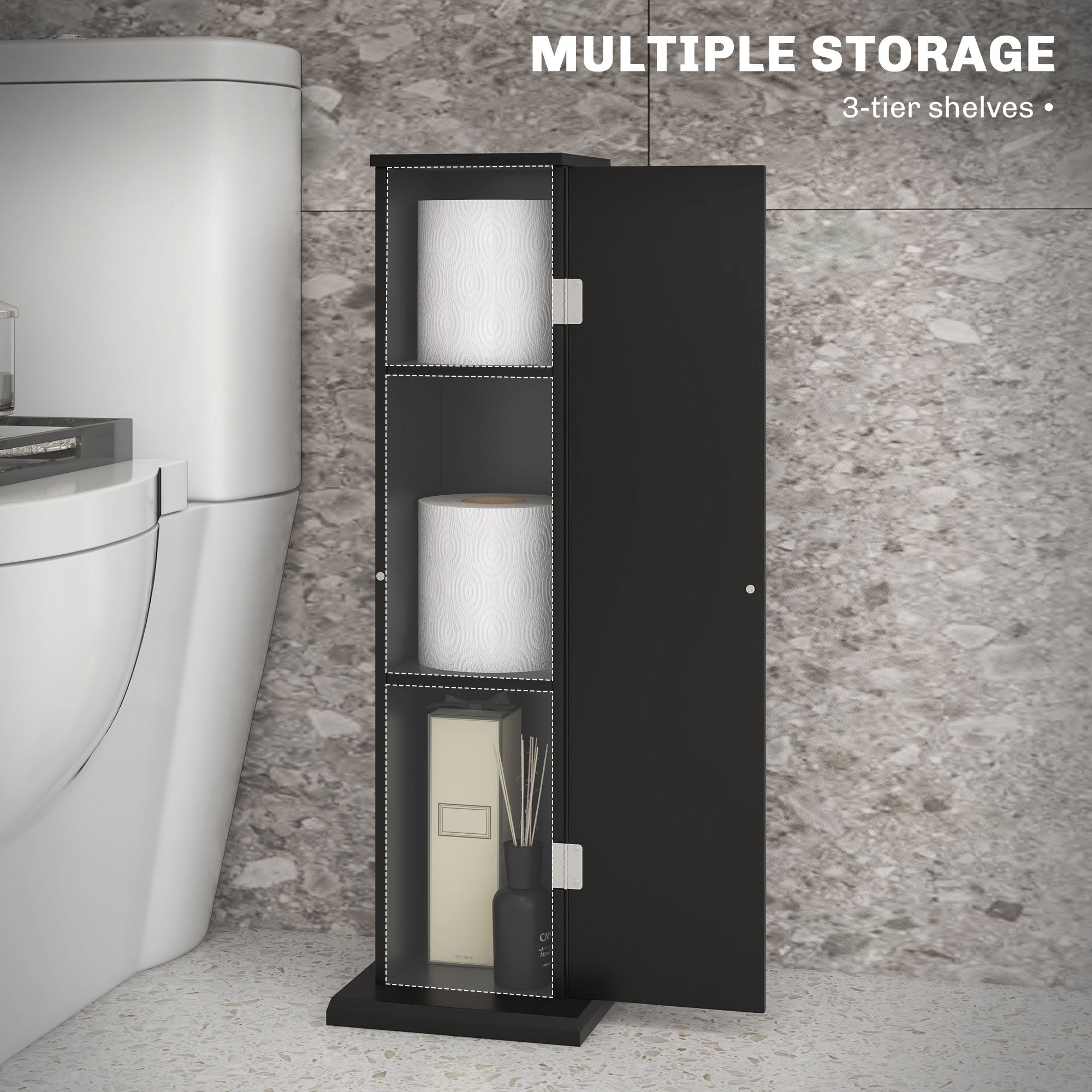 HOMCOM Toilet Paper Cabinet, Small Bathroom Corner Floor Cabinet with Doors and Shelves, Thin Storage Bathroom Organizer for Paper Shampoo, Black
