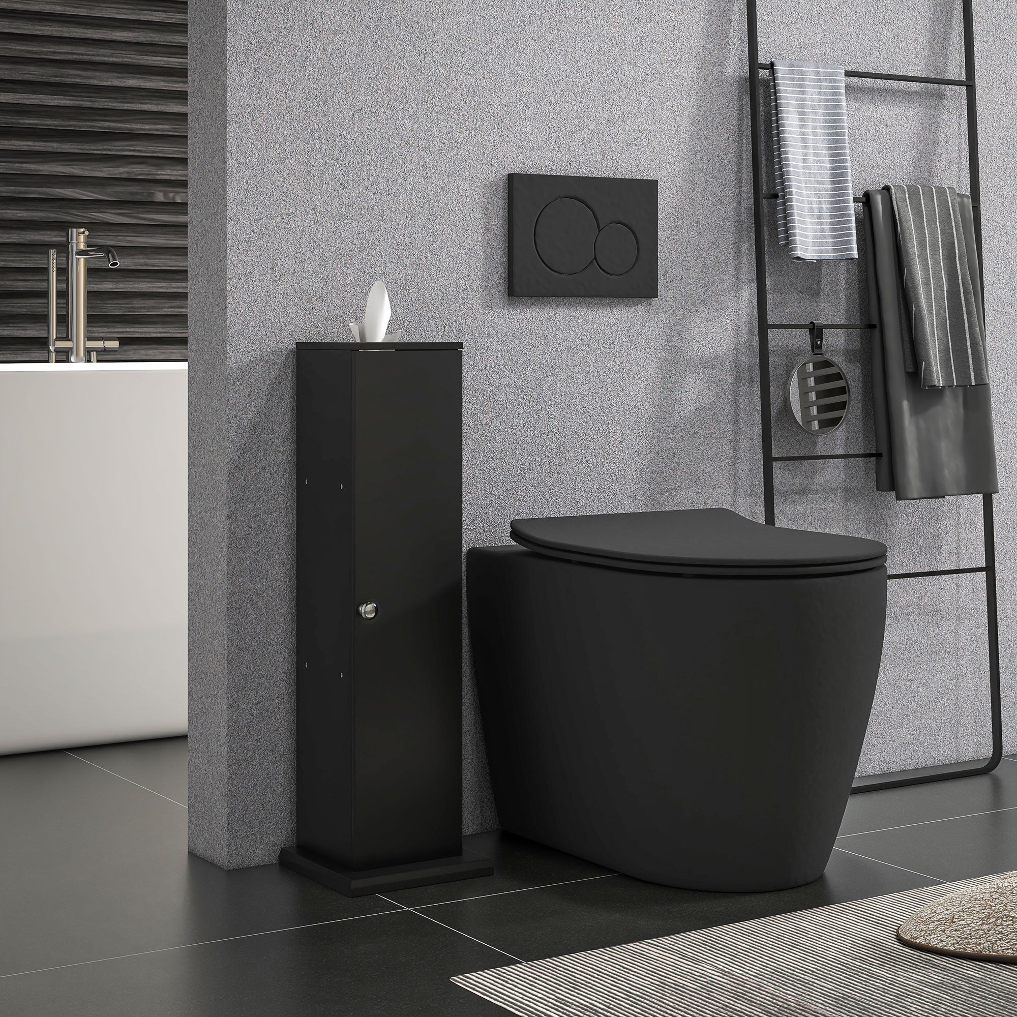 HOMCOM Toilet Paper Cabinet, Small Bathroom Corner Floor Cabinet with Doors and Shelves, Thin Storage Bathroom Organizer for Paper Shampoo, Black